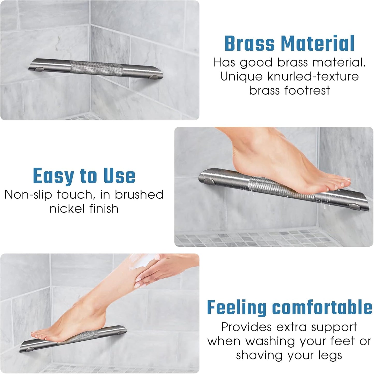 Shower Foot Rest Bar,Corner Foot Rest for Shaving Legs,Wall Mounted Shower Foot Ledge,Antislip Knurled Brass Bar Bathroom Step,Brushed Nickel