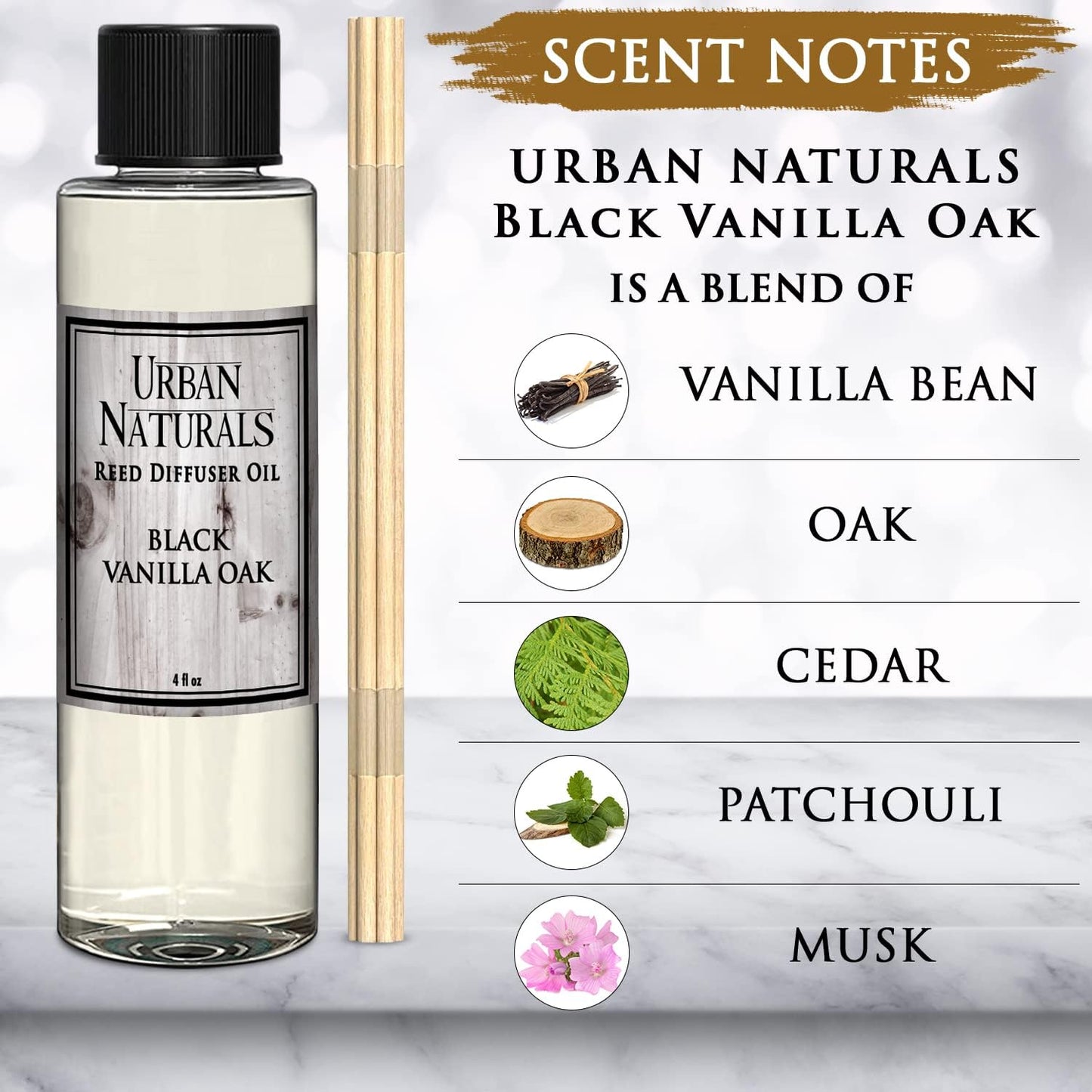 Urban Naturals Black Vanilla Oak Scented Oil Reed Diffuser Refill. Free Set of Reed Sticks, with Warm Vanilla, Oak, Cedar, Patchouli and Musk Scent Notes. A Sensual, Aromatic Home Fragrance, 4 oz
