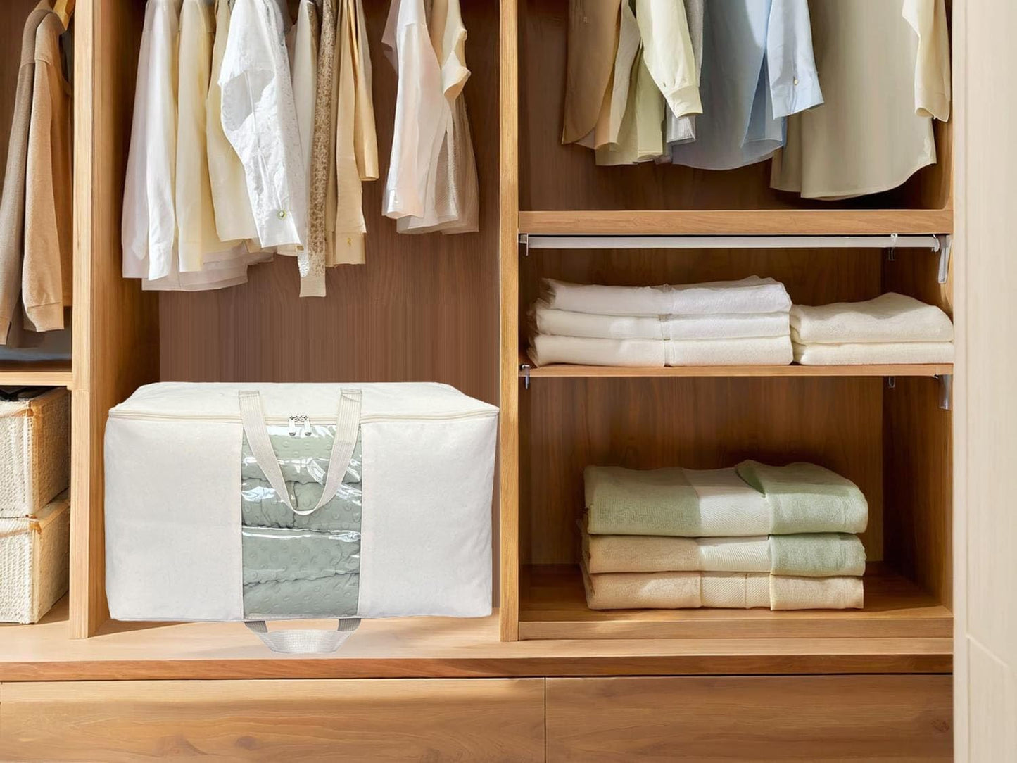 Soft Canvas Clothes Storage Bags with Four Carrying Handles and Clear Window, Closet Organizer for Clothing, Blankets Sheets and Bedding, 55L, 6 Pack, Beige