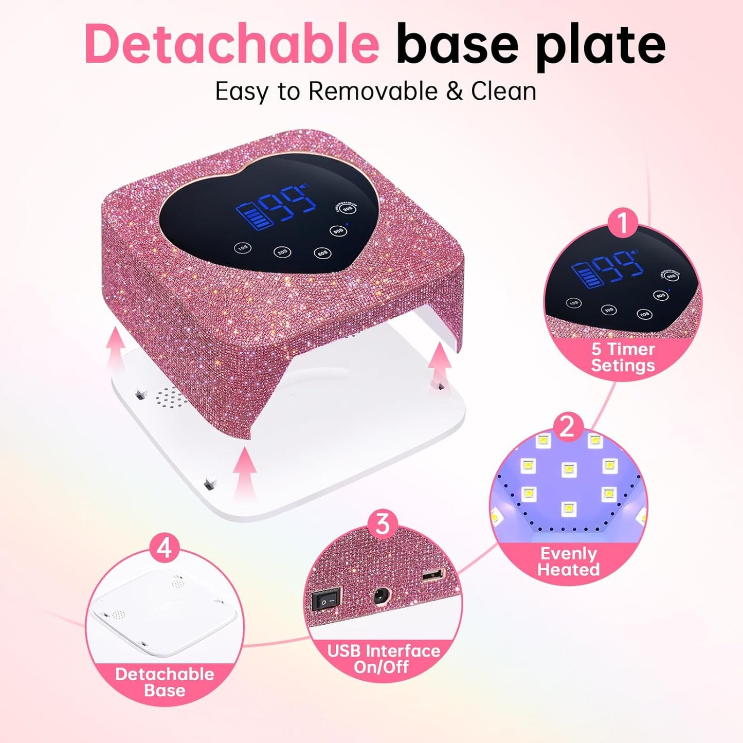 UV LED Nail Lamp 72W Rechargeable Sparkly Wireless Nail Dryer Gel Polish Light with 5 Timer Setting Professional Quick Dry Curing Lamp Pink with Display Auto Sensor for Salon & Home