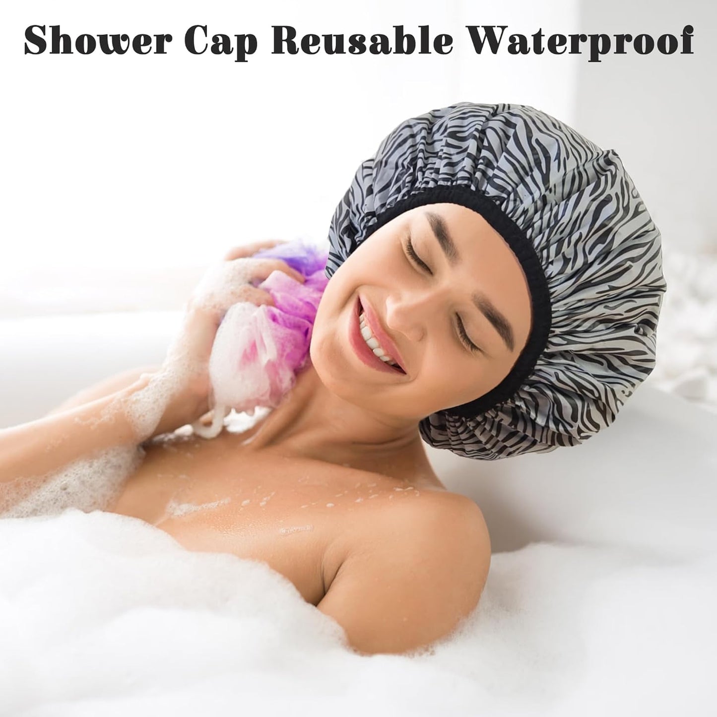 Shower Cap for Women, Shower Caps Reusable Waterproof, Large Plastic Satin Lined Shower Cap for Braids Long Hair