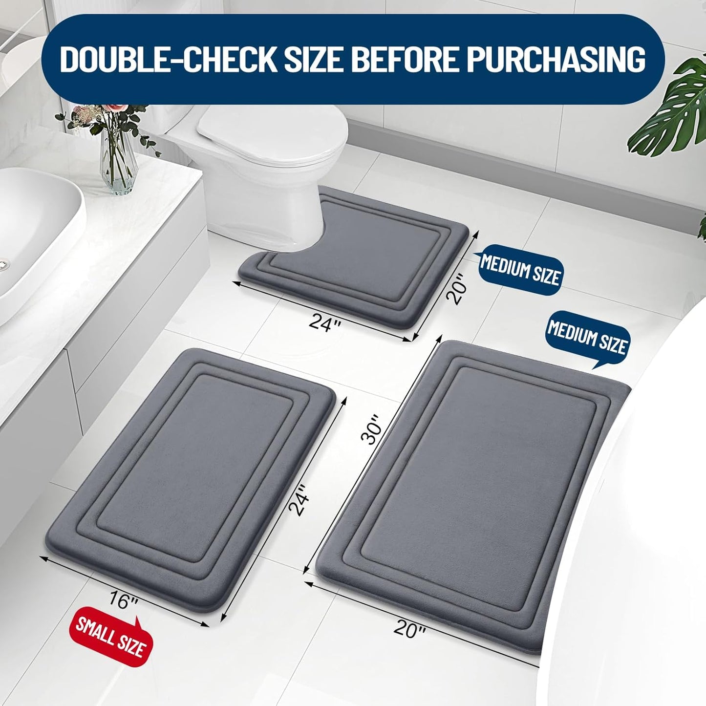 Grandaily Memory Foam Bath Mat Rug 30x20, Ultra Soft, Non-Slip and Absorbent Bathroom Rugs, Machine Wash Dry, Comfortable Bath Carpet for Bathroom Floor, Tub and Shower, Dark Grey