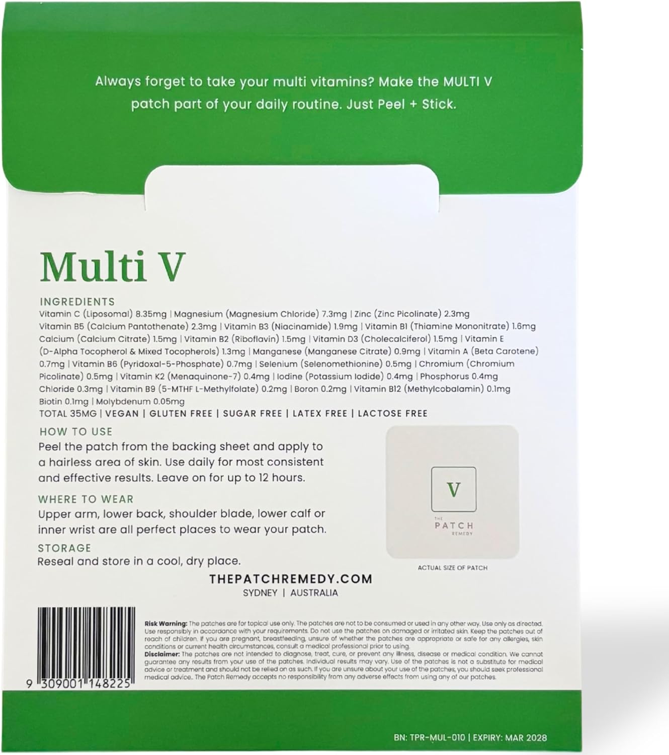 Multi V Patches - Topical Vitamin Plus Blend with D3, K2, Magnesium Chloride, Zinc, Liposomal C, Potassium, Iodide, Biotin Plus More | Nutrient Patch for Women & Men