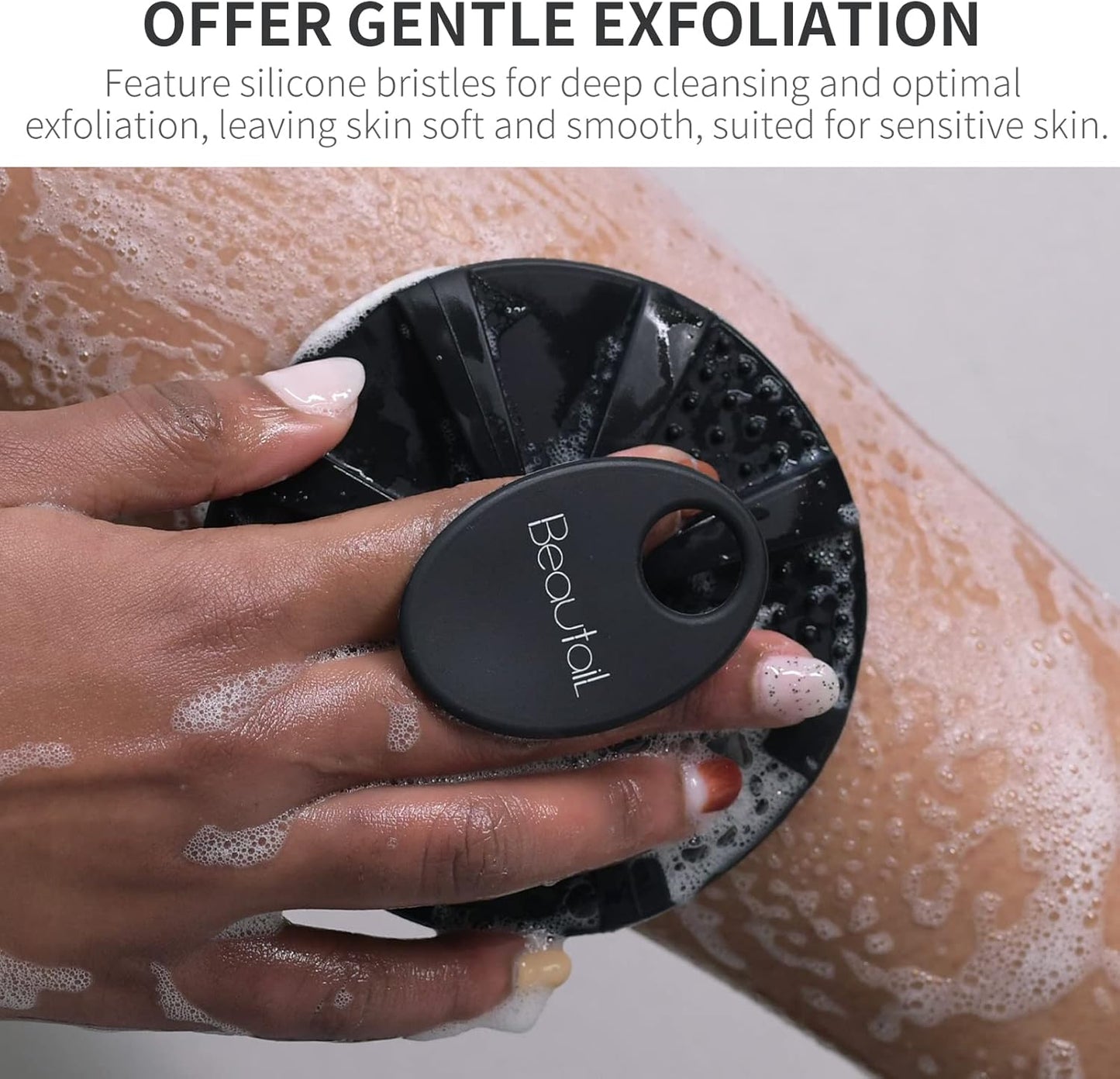 Silicone Body Scrubber, BEAUTAIL Shower Bath Scrubber, More Hygienic Than Traditional Loofah, Lather Nicely, Long Lasting, Gentle Exfoliating Brush for Women Men Baby Sensitive Skin, 1 Pack, Black