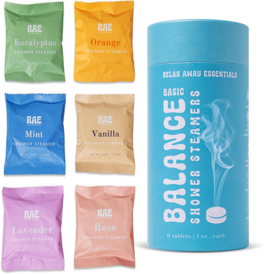 Relax Away Balance Shower Steamers 6 Pack - Aromatherapy Tablets - Essential Oils - Orange, Vanilla, Rose, Eucalyptus, Lavender, Mint - Spa-Like Shower Experience - Easy-Open Packaging