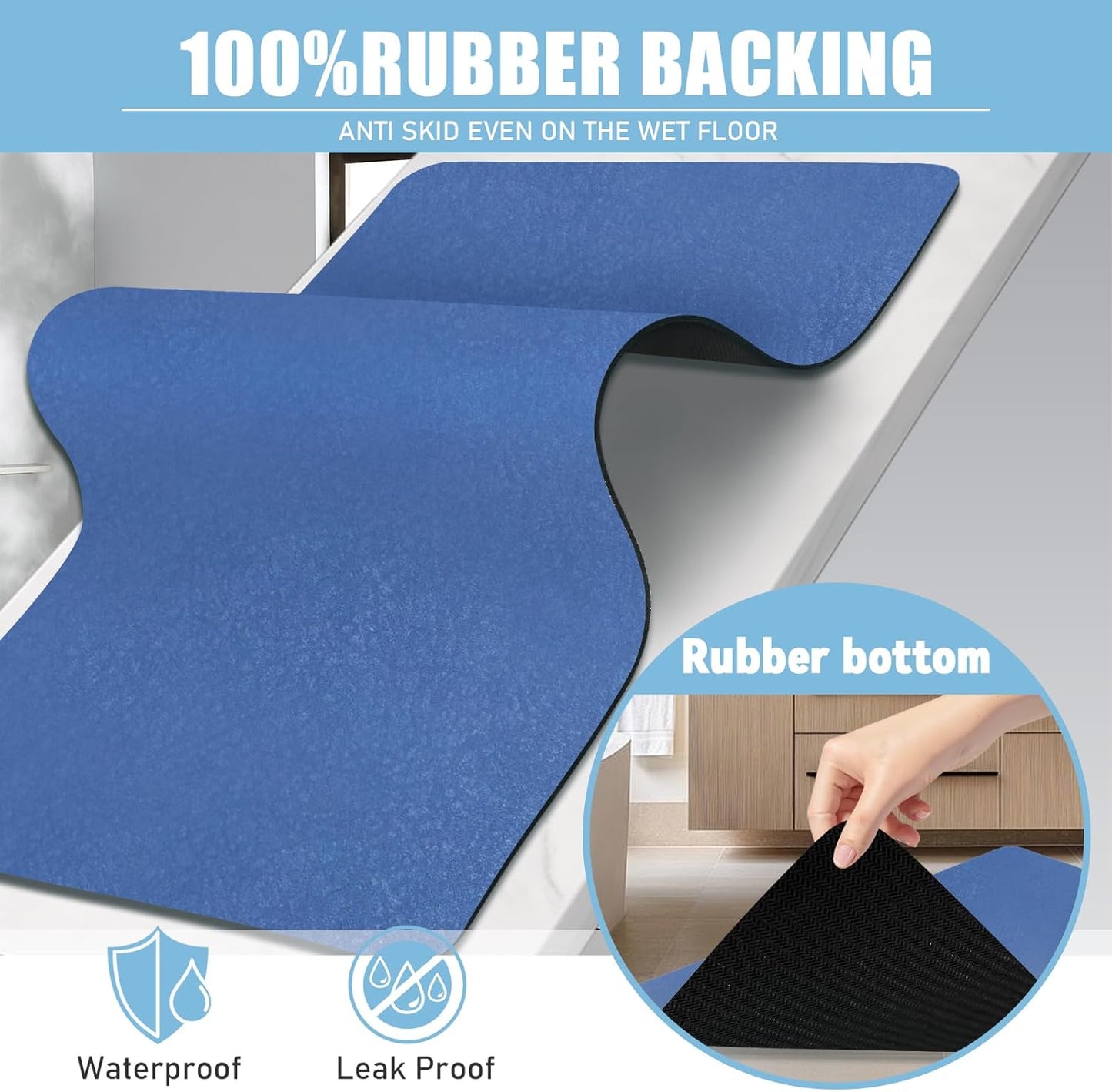 Diatomaceous Earth Bath mat Bathroom Rugs Super Absorbent Quick Dry Non Slip Bath Mat Thin Bathroom Floor Mats Fit Under Door-Shower Rug for in Front of Bathtub Shower, Blue, 15.7"x35.4"