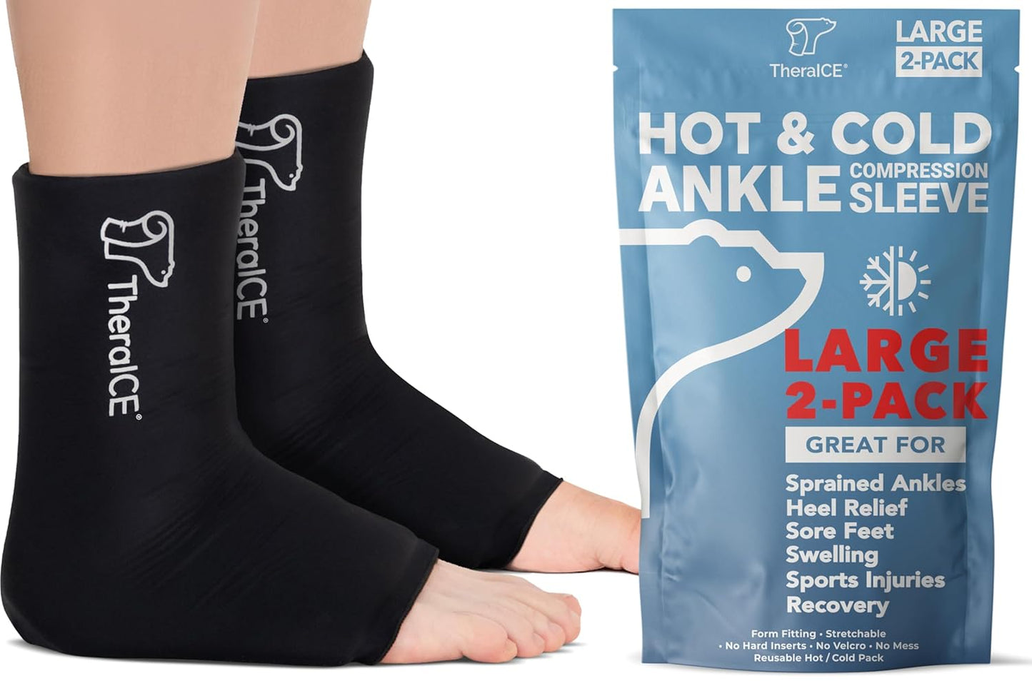 TheraICE Ankle Ice Pack Wrap for Swelling & Sprained Ankle Brace for Women & Men, Cold Therapy Support Compression Socks, Plantar Fasciitis & Achilles Tendonitis Relief, Sore Feet & Heel
