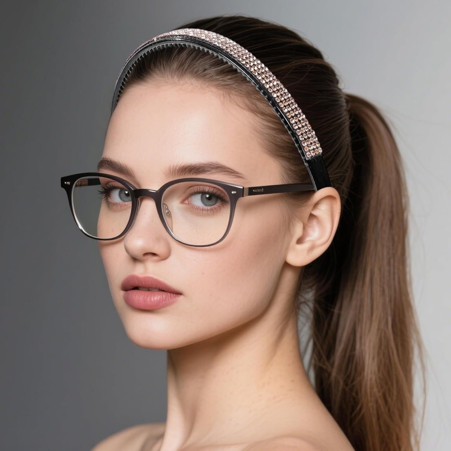 Rhinestone Glasses Headbands for Women Girls,4PCS Non Slip Headband for Eyewear,High Elastic Black Plastic Hair Hoop with Short Teeth,Fashion Bling Hair Accessories