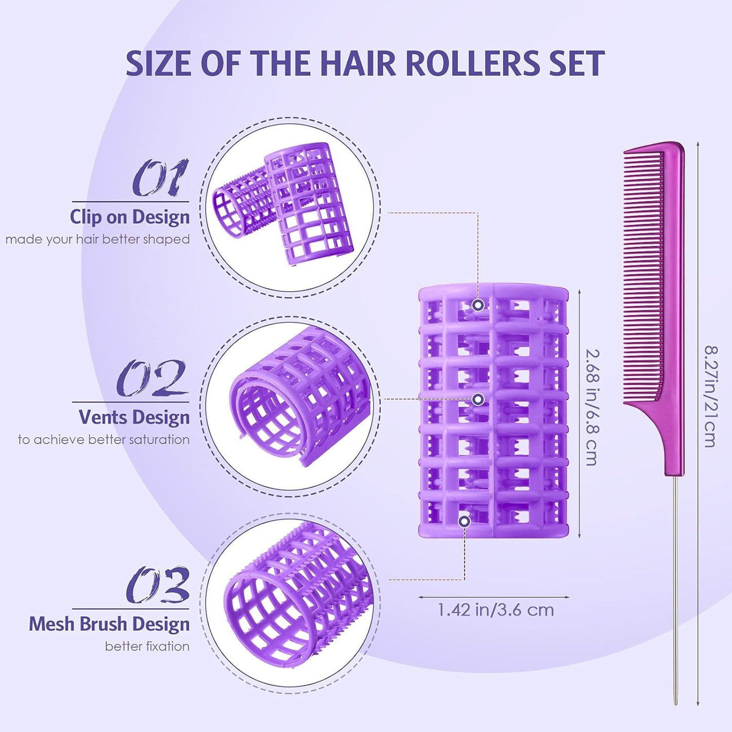 Syhood 12 Pcs Plastic Hair Rollers for Women Large Size Curlers Set Snap Roller Clips with Rat Tail Comb for Long Medium Short Hair Bangs, Salon Hairdressing Styling Tool(2.6 x 1.4 Inch,Purple)