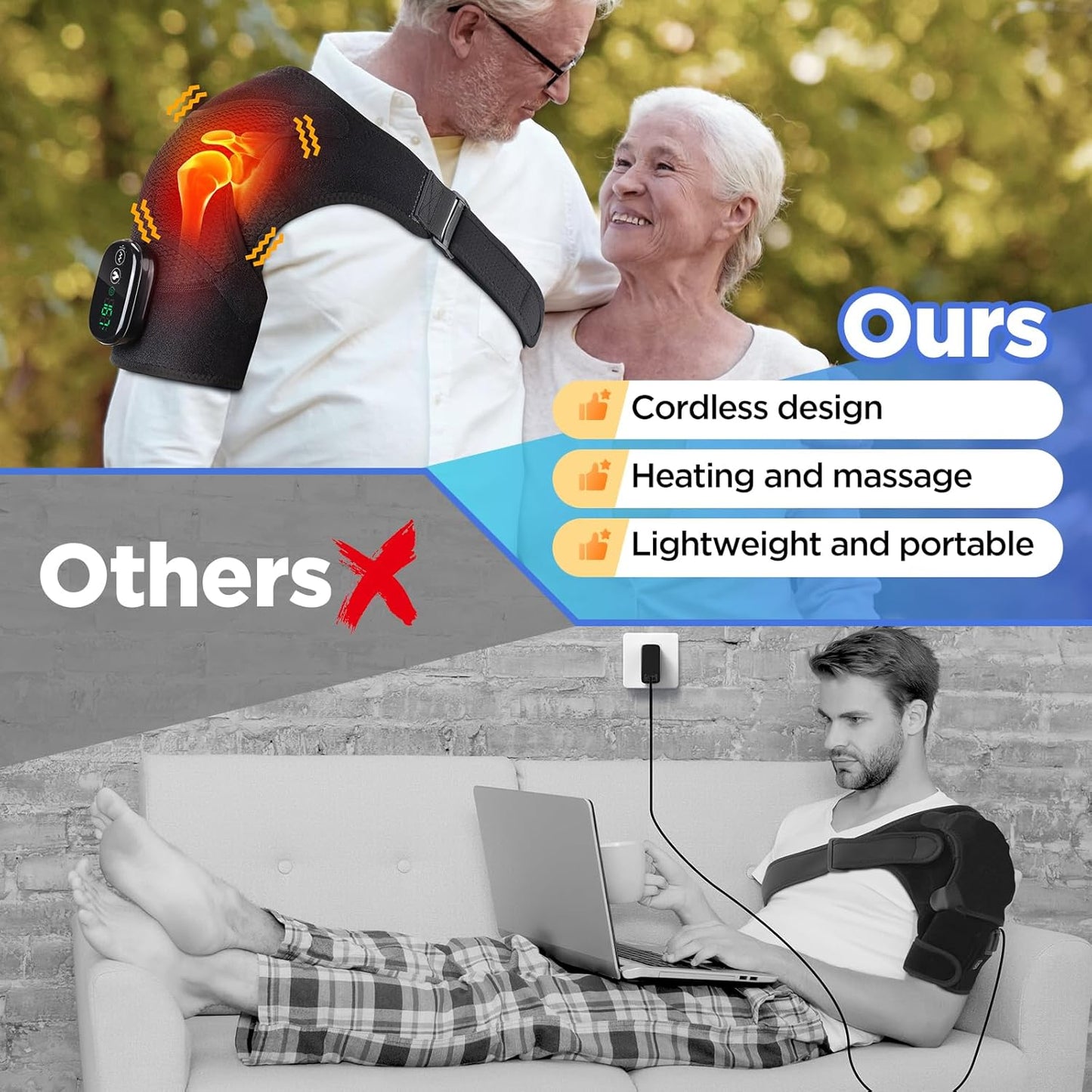 Cordless Heated Shoulder Wrap Massager, Rechargeable Electric Heating Pad for Shoulder Neck with 3 Heat & Vibration Modes, Men & Women (Black)