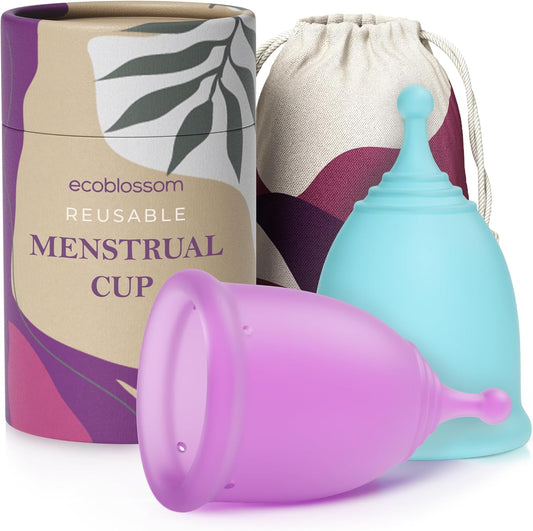 EcoBlossom Reusable Menstrual Cup Set - The Most Reliable Medical Grade Silicone Period Cups - Comfortably use for 12 Hours (Small & Large)