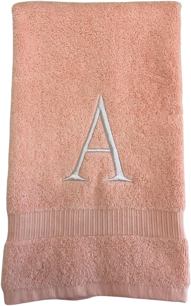 Pink Initial Hand Towel for Bathroom - Monogrammed Luxury Hotel Quality Decorative Embroidered Towel for Powder Room, Spa - GOTS Organic Certified - Set of 2 Letter M