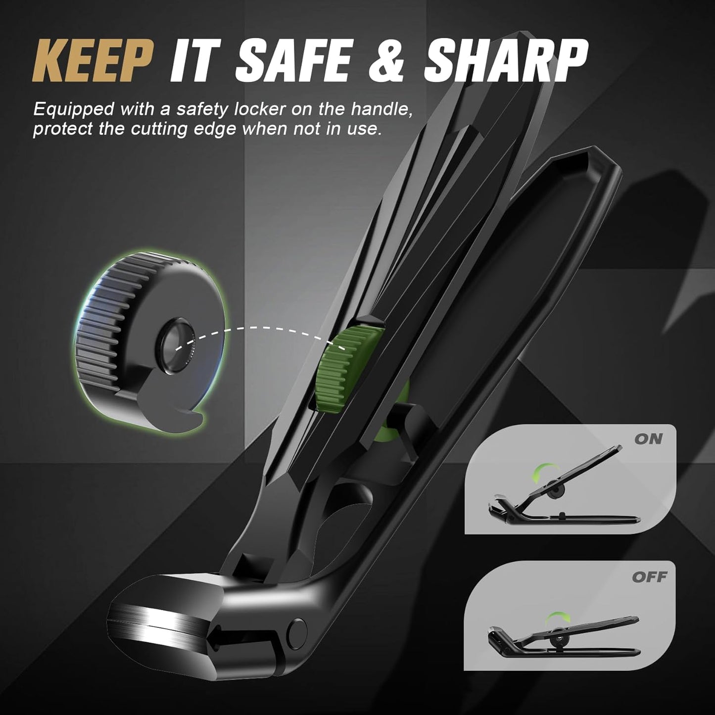 FERYES Curved Head Toe Nail Clippers for Thick Nails for Seniors - Ergonomic Senior-Friendly Finger Nail Clippers with Catcher, Sharp Toenail Clipper for Thick Toenails with Safety Locker (Black)