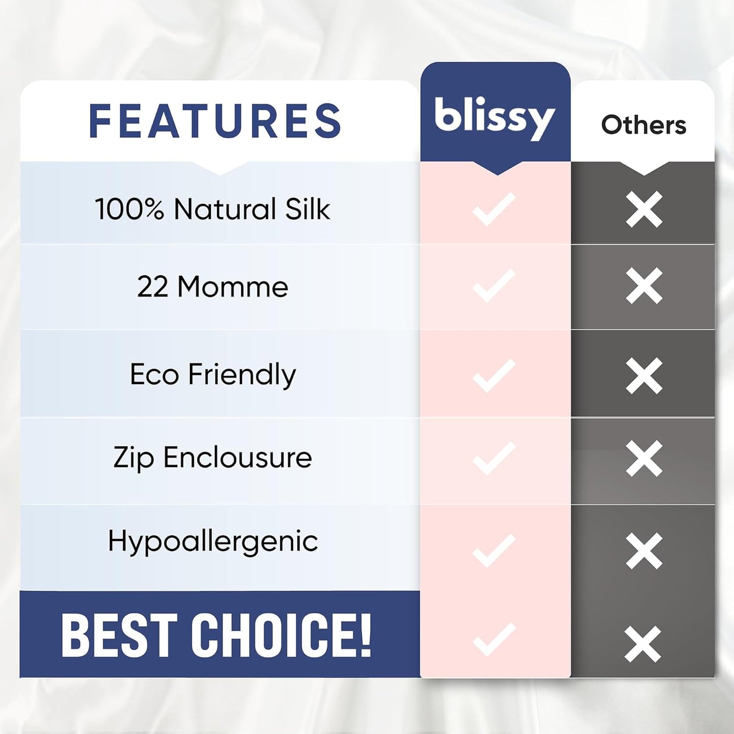 Blissy Silk Pillowcase - 100% Pure Mulberry Silk - 22 Momme 6A High-Grade Fibers - Silk Pillow Cover for Hair & Skin - Regular, Queen & King (White Striped, Standard)