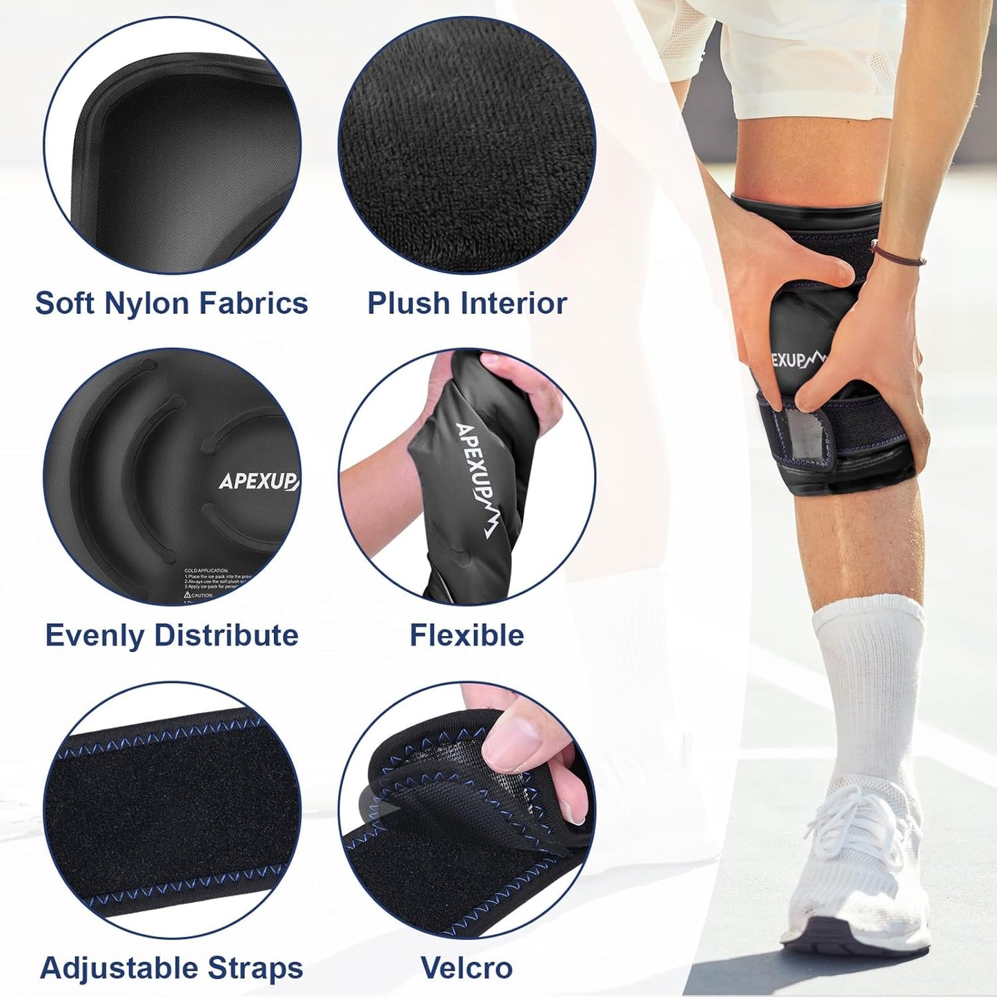 APEXUP Ice Pack for Knee Pain Relief, Large Reusable Wrap After Surgery, Flexible Gel Cold Pack for Injuries, Pain Relief for Back, Shoulder, Elbow, Ankle and Leg (Black, L, 1PK)