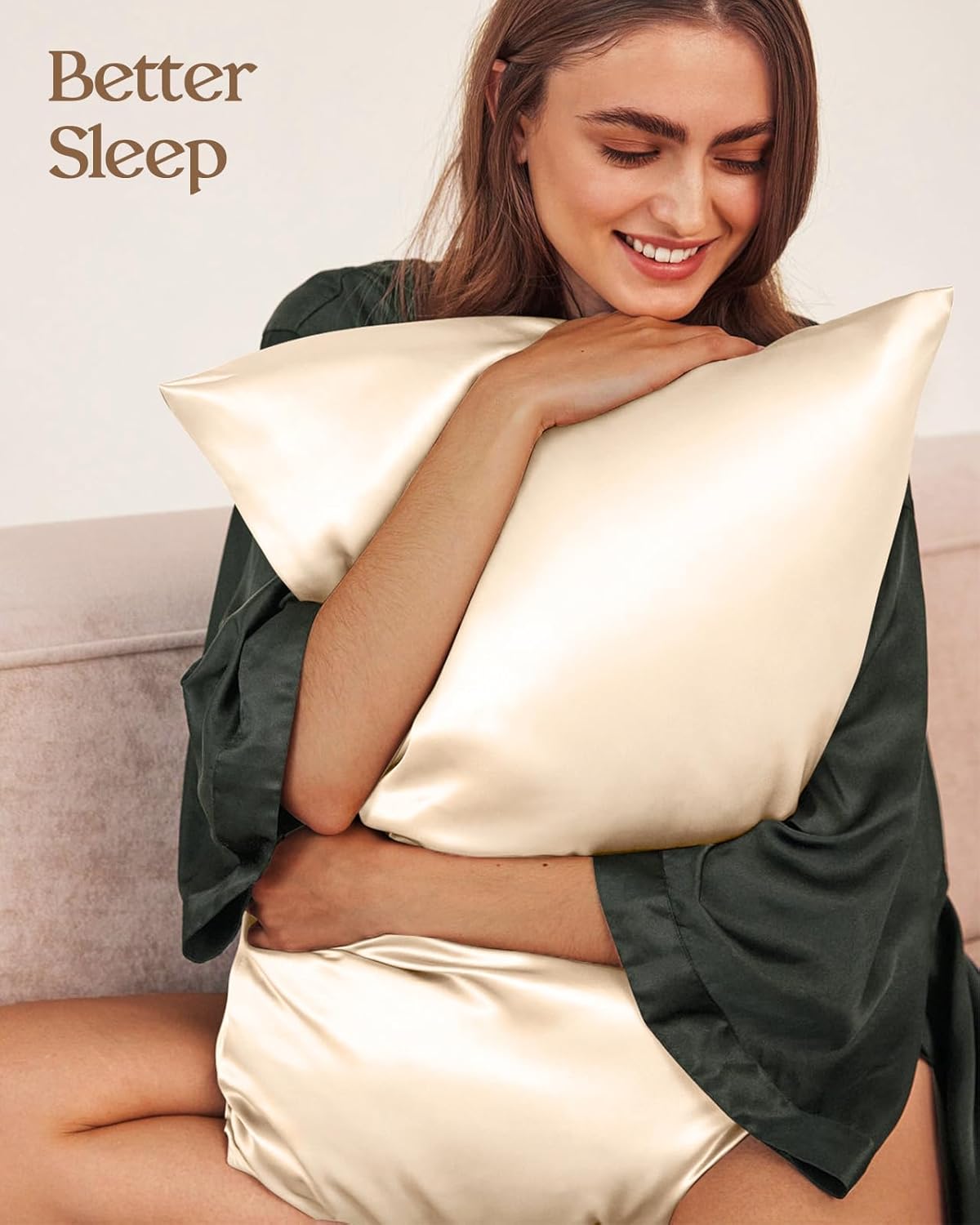 Silk Pillowcase 2 Pack - Pillow Cases Standard Set of 2 Size 20" x 26" for Hair and Skin Smooth Soft Breathable with Hidden Zipper Cooling Pillow Covers for Sleeping Women, Beige