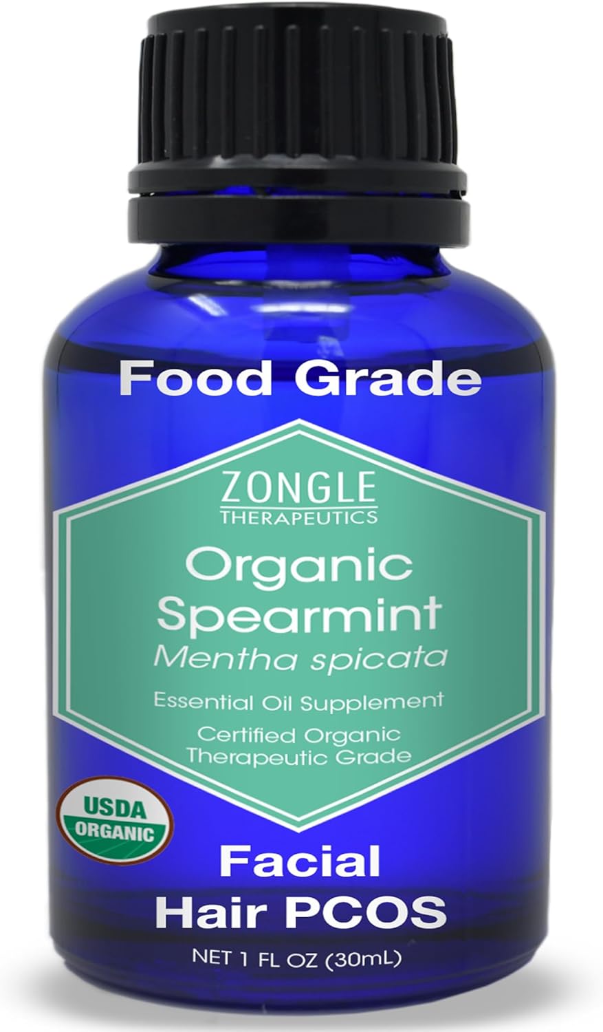 Organic, Spearmint Oil, Food, Grade, for Facial Hair, PCOS, Hair Removal – 100% Pure, Therapeutic, Spearmint Essential Oil, by Zongle Therapeutics, 1 OZ