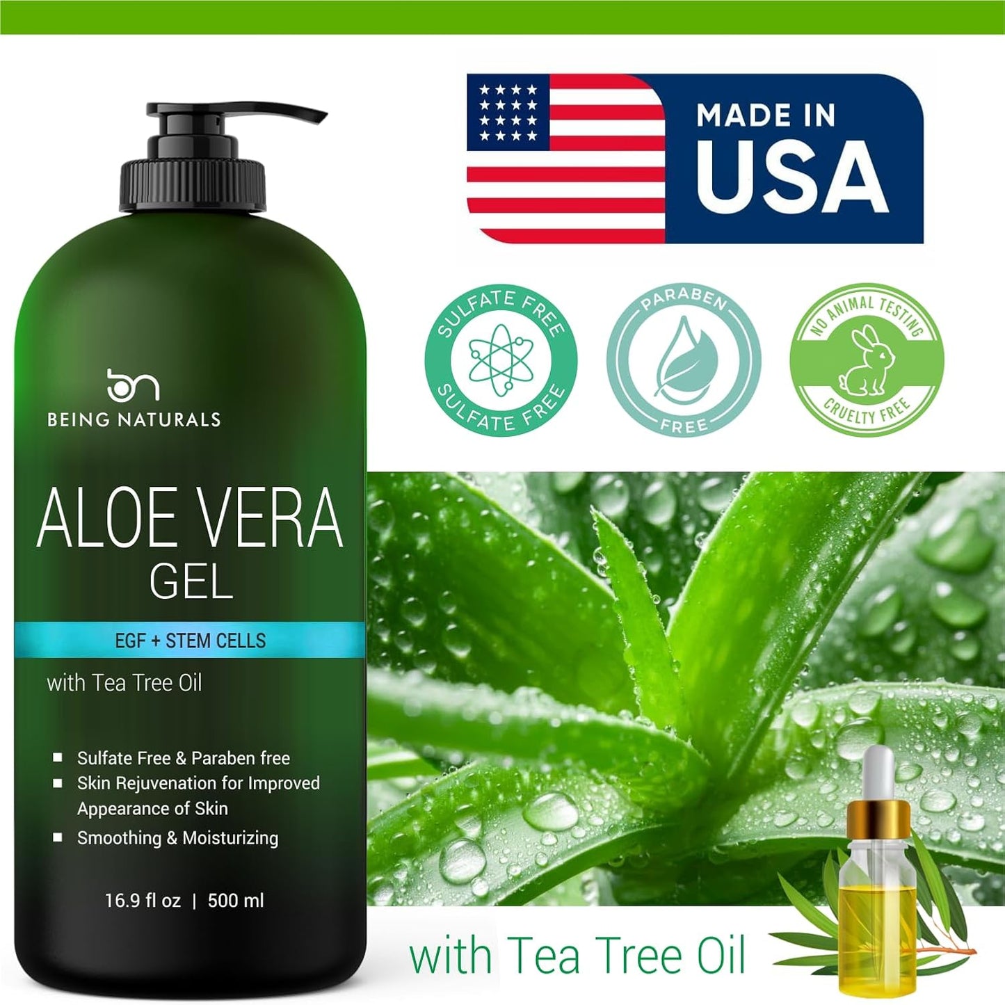 Aloe vera Gel - from 100% Pure Organic Aloe Infused with EGF, Stem Cell, Rosemary Oil - Natural Raw Moisturizer for Face, Body, Hair. Perfect for Sunburn, Acne, Razor Bumps 16.9 fl oz