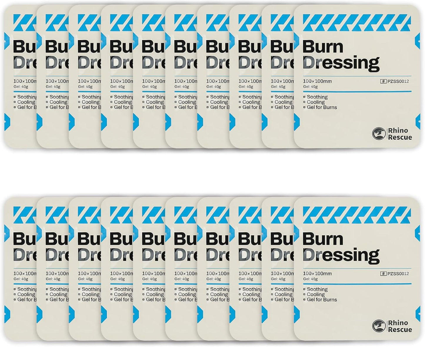 RHINO RESCUE 20 Pack 4" X 4" Burn Dressing, Burn Gel Cooling Soothing Cream Relief Burn First Aid Supplies (20)