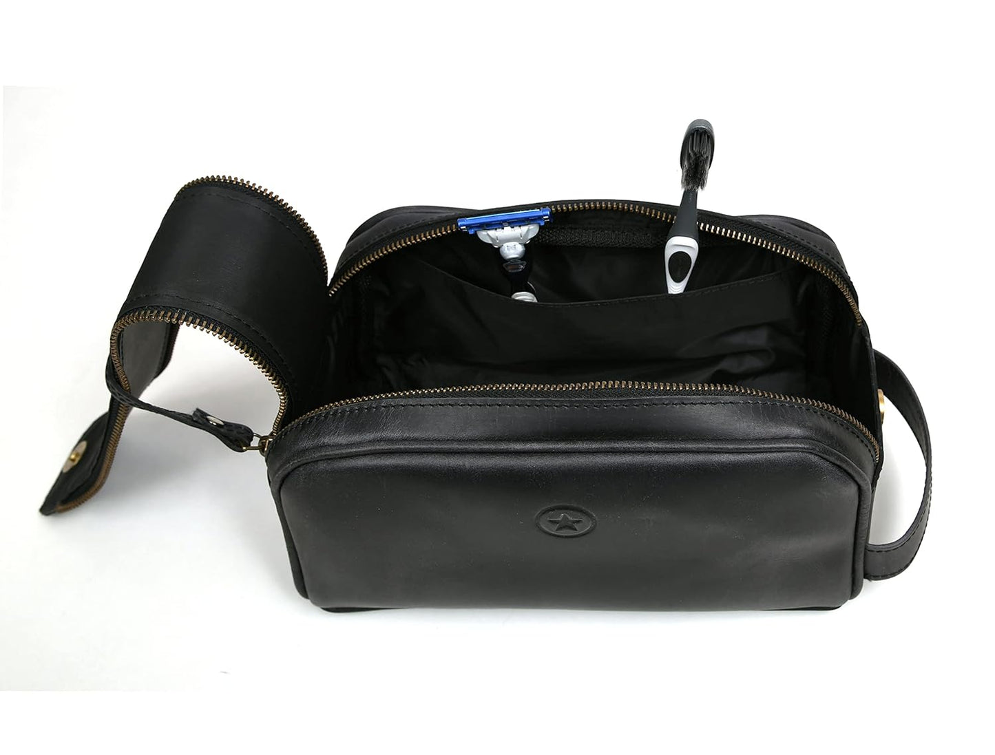 10" Premium Leather Toiletry Travel Pouch With Waterproof Lining Black Color | King-Size Handcrafted Vintage Shaving Kit By Aaron Leather Goods (Florida Black)