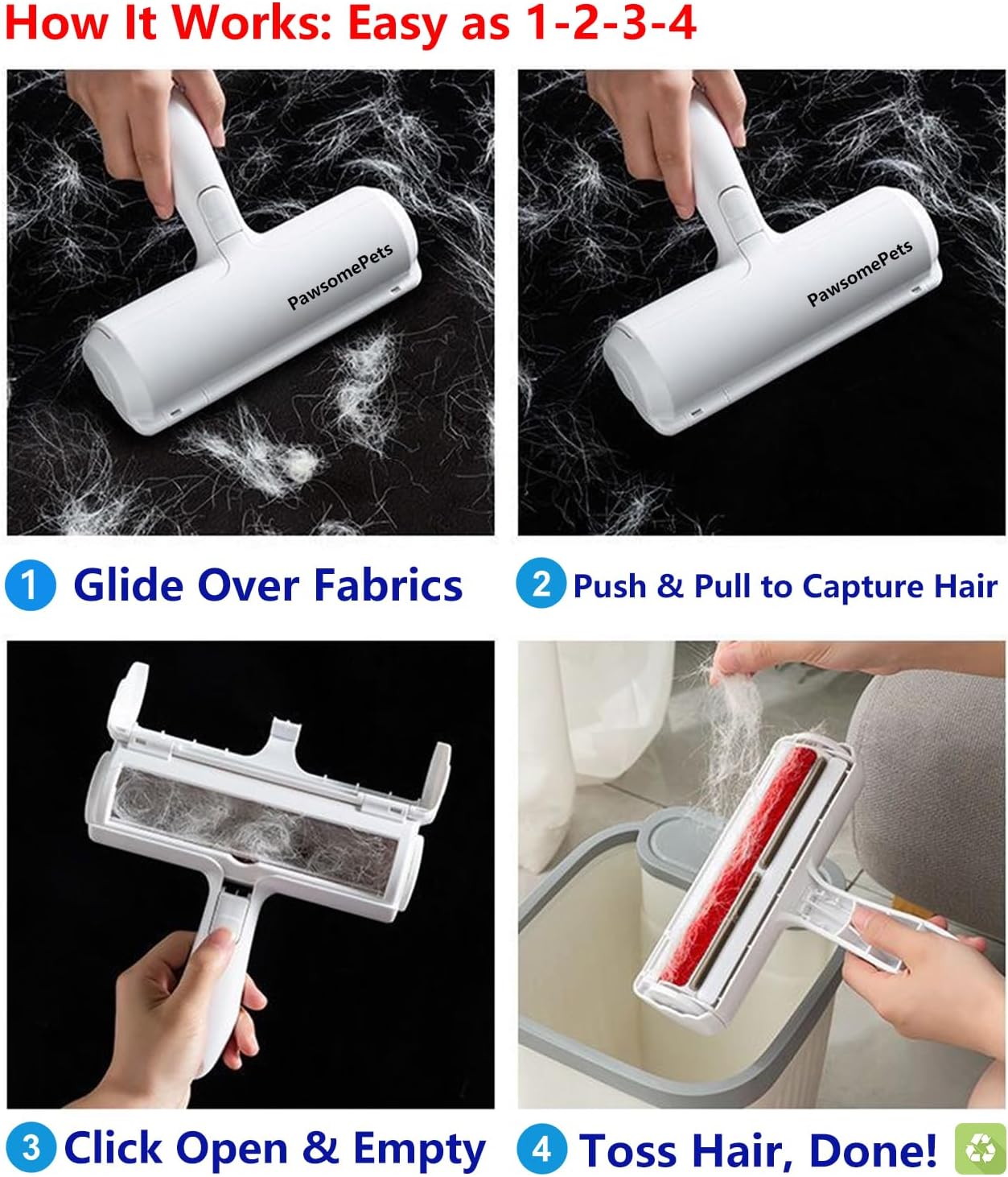 Pawsome Pets Pet Hair Remover Gift Set Reusable Lint Roller Cat and Dog Hair Remover for Furniture, Couch, Carpet, Clothing and Bedding - Portable, Multi-Surface Fur Removal Tool