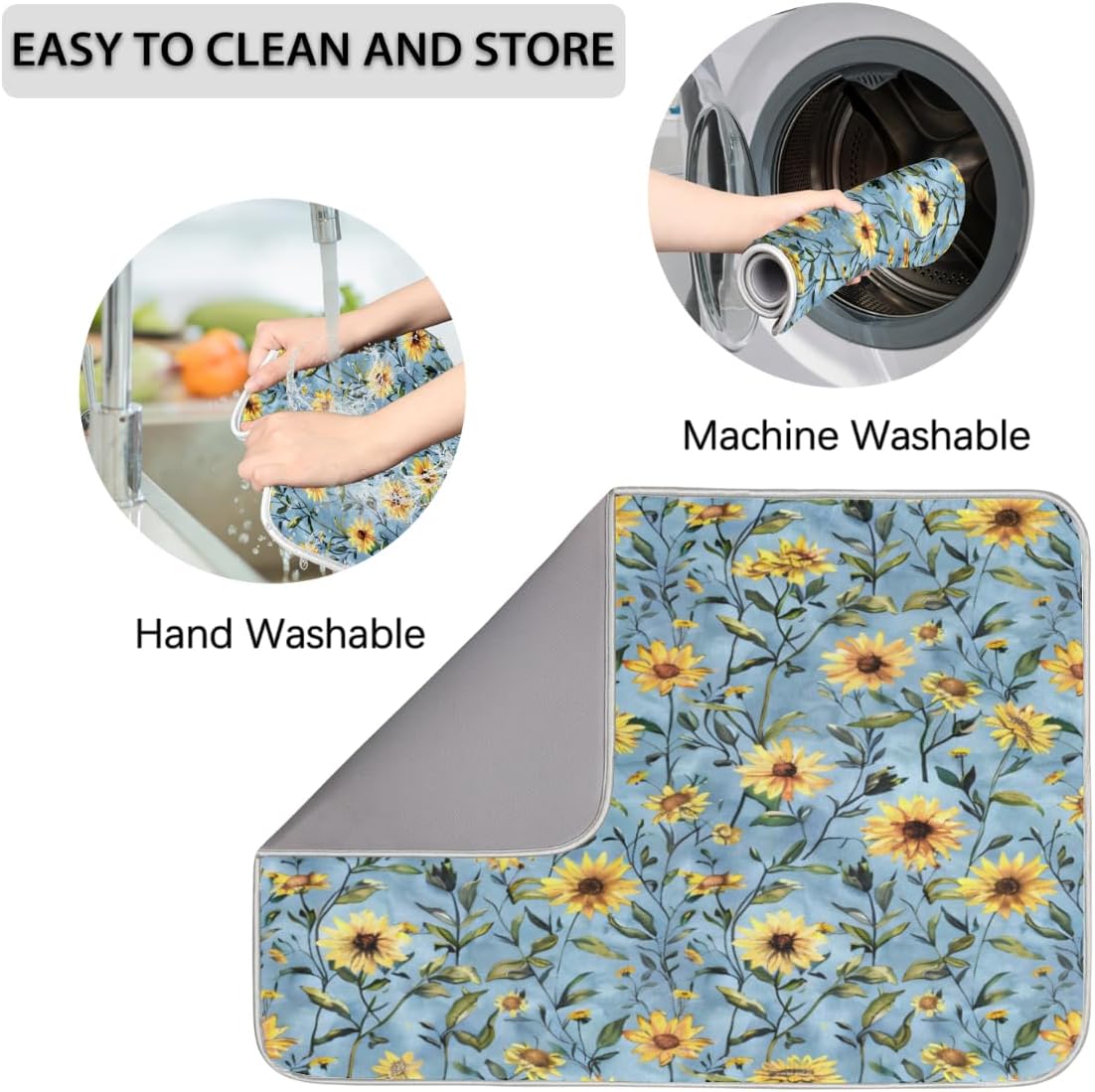 Hexteria Sunflower Dish Drying Mats for Kitchen Counter, Quick Dry Dish Mat 16 x 18 Inches, Dishes Draining Mats Foldable Dish Rack Pad, Sunflower