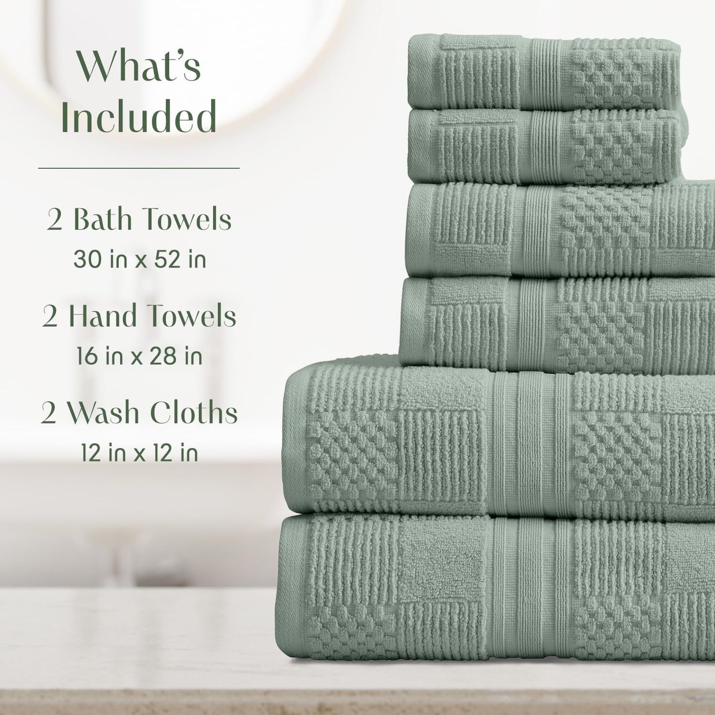 Springtree Home 100% Cotton Bathroom Towel Set | 6 Piece Set - Green Bath Towels | Geometric Textured Design | Absorbent & Quick-Dry | Oeko-TEX® Standard 100 Cotton | Myla Collection - Lily Pad Green
