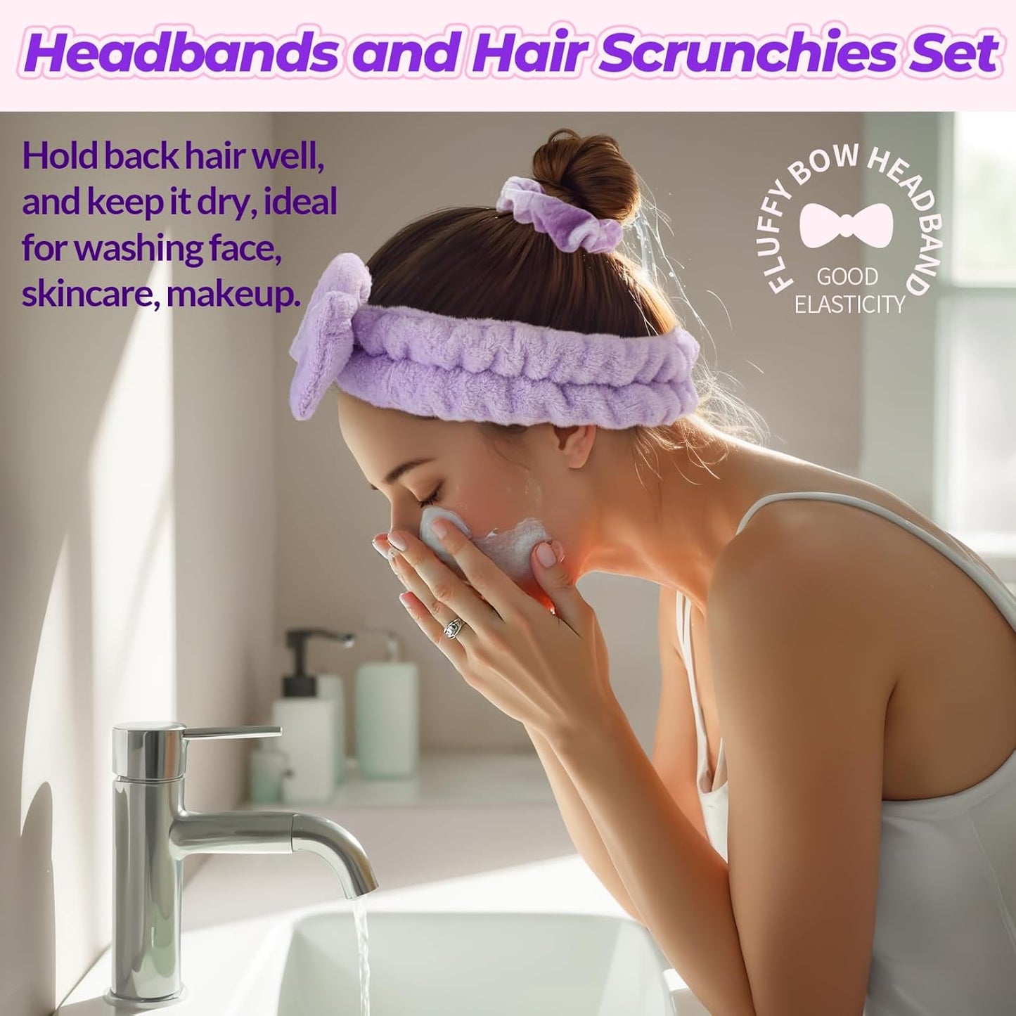 LEOBRO Spa Headband for Skin Care and Makeup, Women Teen Girls Headband for Washing Face, With Hair Scrunchies, Christmas Gifts for Teens (Rose Red & Yellow & Purple)