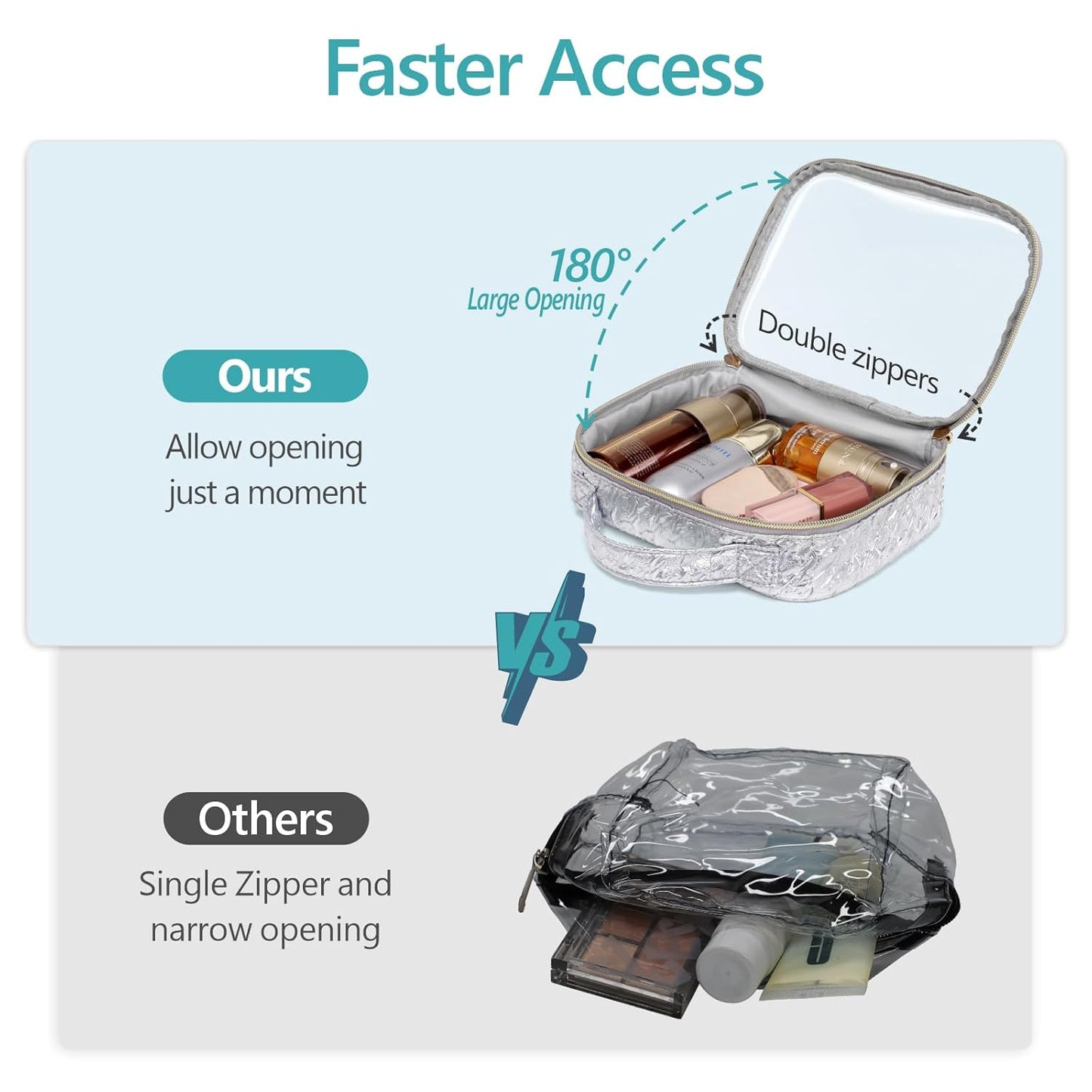 PACKISM TSA Approved Toiletry Bag - 3 Pack Ruched Textured Clear Makeup Bag, Metallic Silver, with 180° Large Opening and Supporting Frame, Perfect for Travel Essentials, Thick No Smell