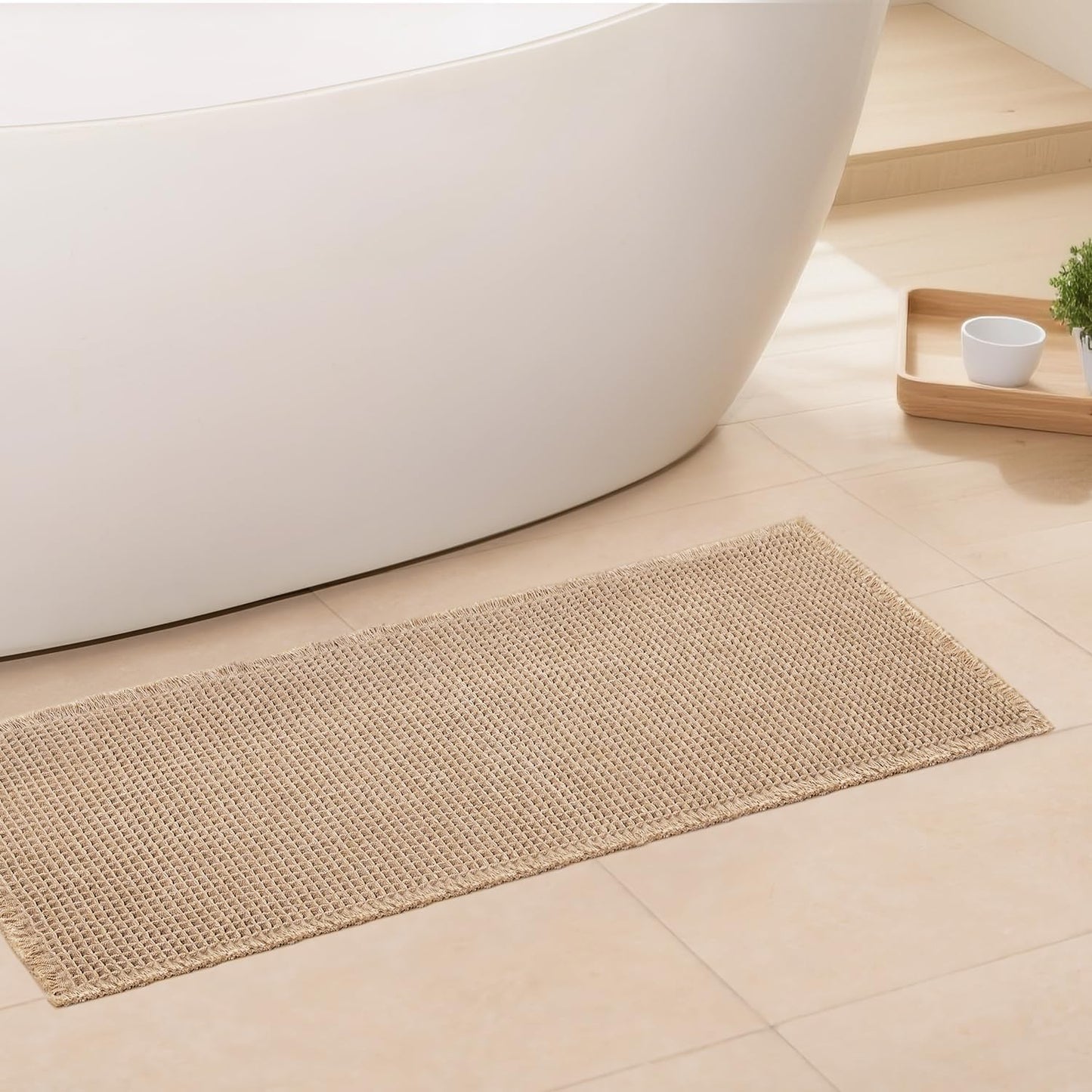 Waffle Runner Bath Mat - Long Boho Bathroom Rugs Non Slip Washable, Super Absorbent & Quick Dry, Soft Bath Mat Farmhouse Bathroom Decor, 24'' x 60'', Khaki