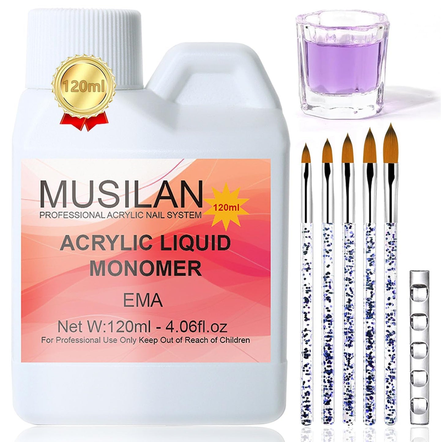 Monomer Acrylic Nail Liquid 4oz for Acrylic Powder - Professional Acrylic Liquid Monomer for Acrylic Nails Extension with 5pcs Acrylic Nail Brush Dappen Dish for Beginners DIY at home Non-Yellowing