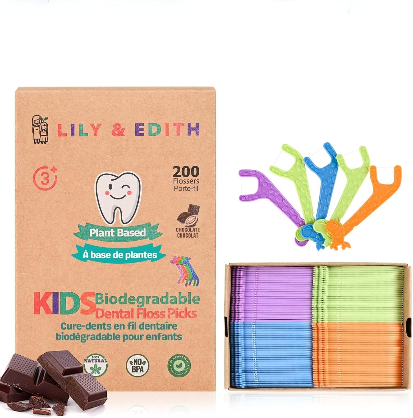 LILY & EDITH Kids Plant Based Dental Floss Picks 200 Counts, Fluoride Free, Corn Starch Material, Chemical Free, Fun Animal Flossing Sticks, Ultra Sturdy Thread, Zero Waste Package (Chocolate)