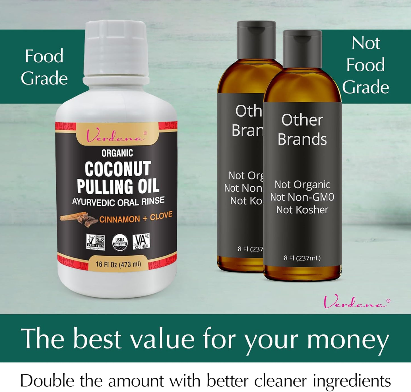Verdana Organic Oil Pulling Mouthwash – 16 oz Cinnamon & Clove – USDA Organic Coconut Oil Rinse for Teeth & Gums – Alcohol-Free, Fluoride-Free Natural Mouthwash for Fresh Breath & Gum Health