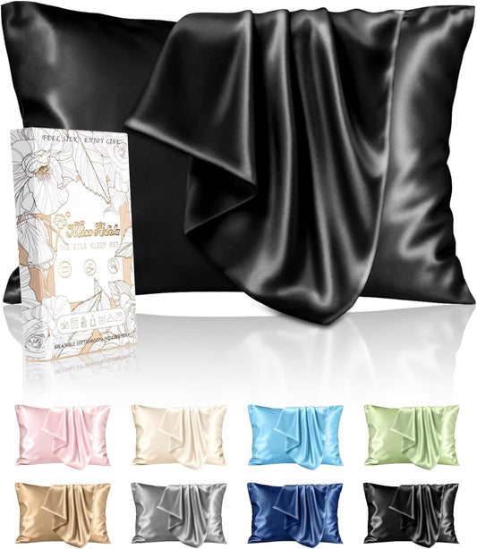 Silk Pillowcase 2 Pack - Pillow Cases King Set of 2 Size 20" x 36" for Hair and Skin Smooth Soft Breathable with Hidden Zipper Cooling Pillow Covers for Sleeping Women, Black