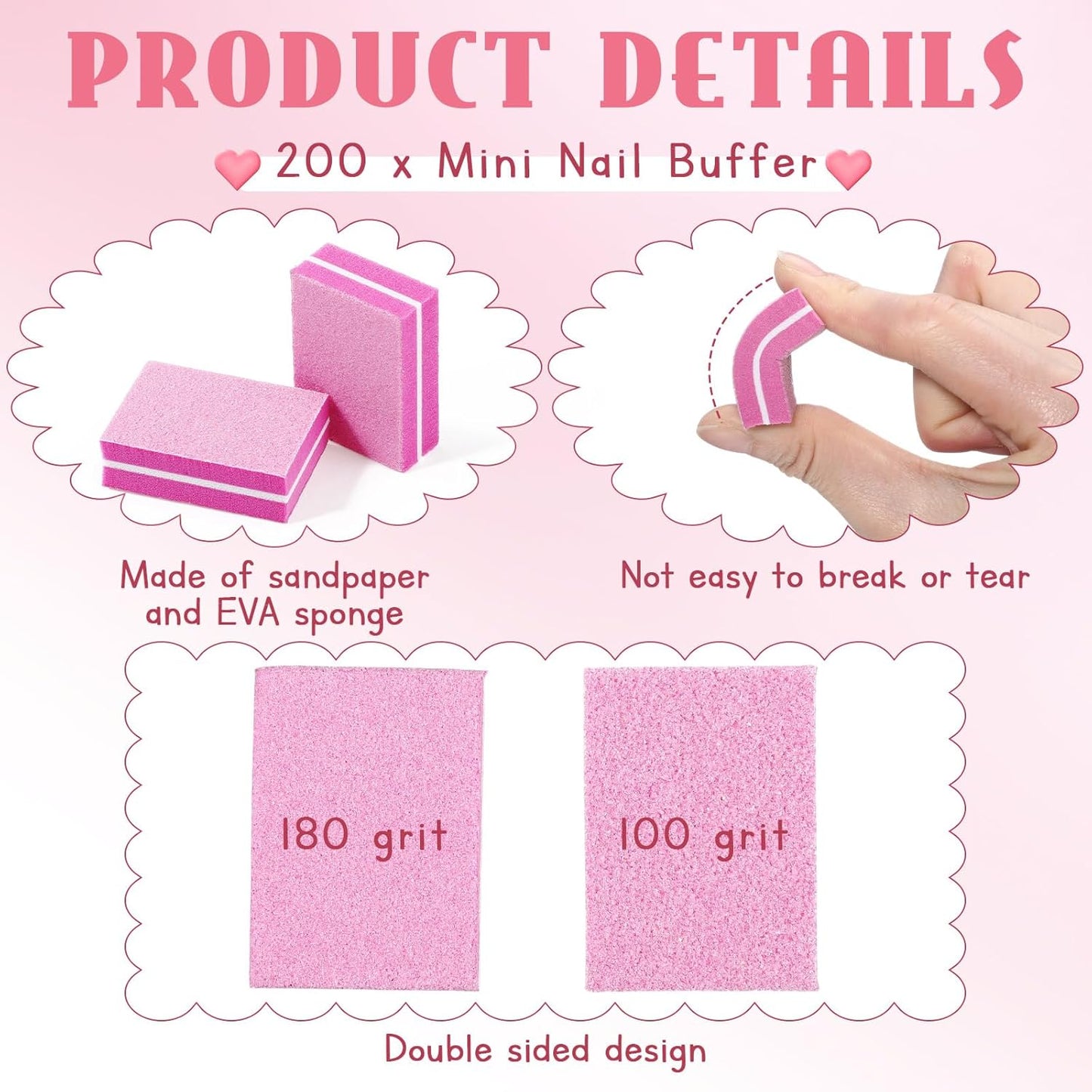 200 Pcs Mini Nail Buffer Blocks Bulk Sponge Double Sided Buffing Sanding Block Manicure Tools Bulk Nail File for Acrylic Nails and Natural Nails(100/180,Pink)