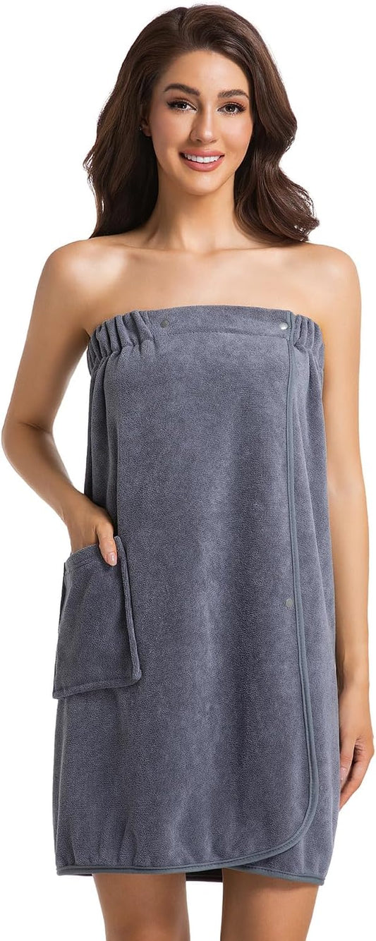 Womens Towel Wrap Bath Robe Lightweight Spa Body Wrap Shower Adjustable Snap Closure Bathrobe