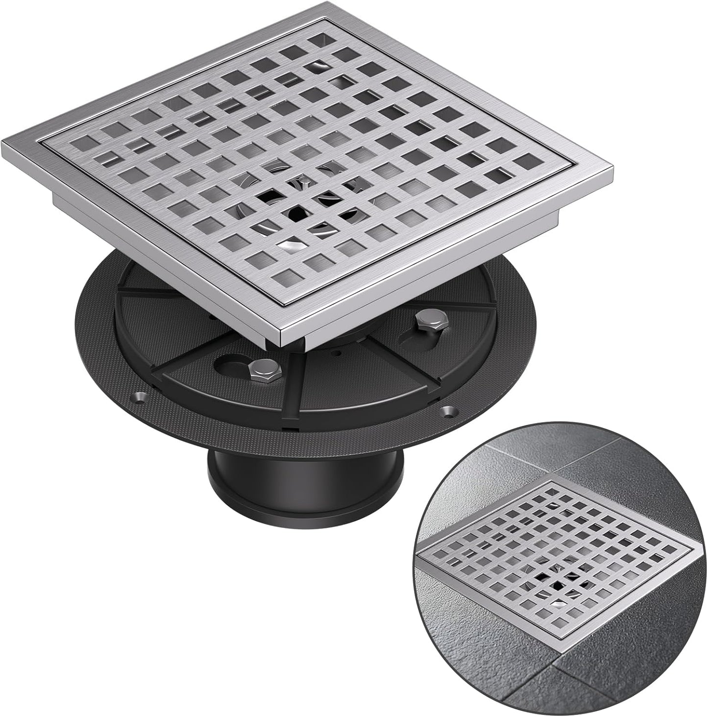 Square Shower Floor Drain with Flange, 4 Inch Brushed Nickel Shower Drain Hair Catcher, SUS304 Stainless Steel Floor Drain Strainer, Shower Drain Cover