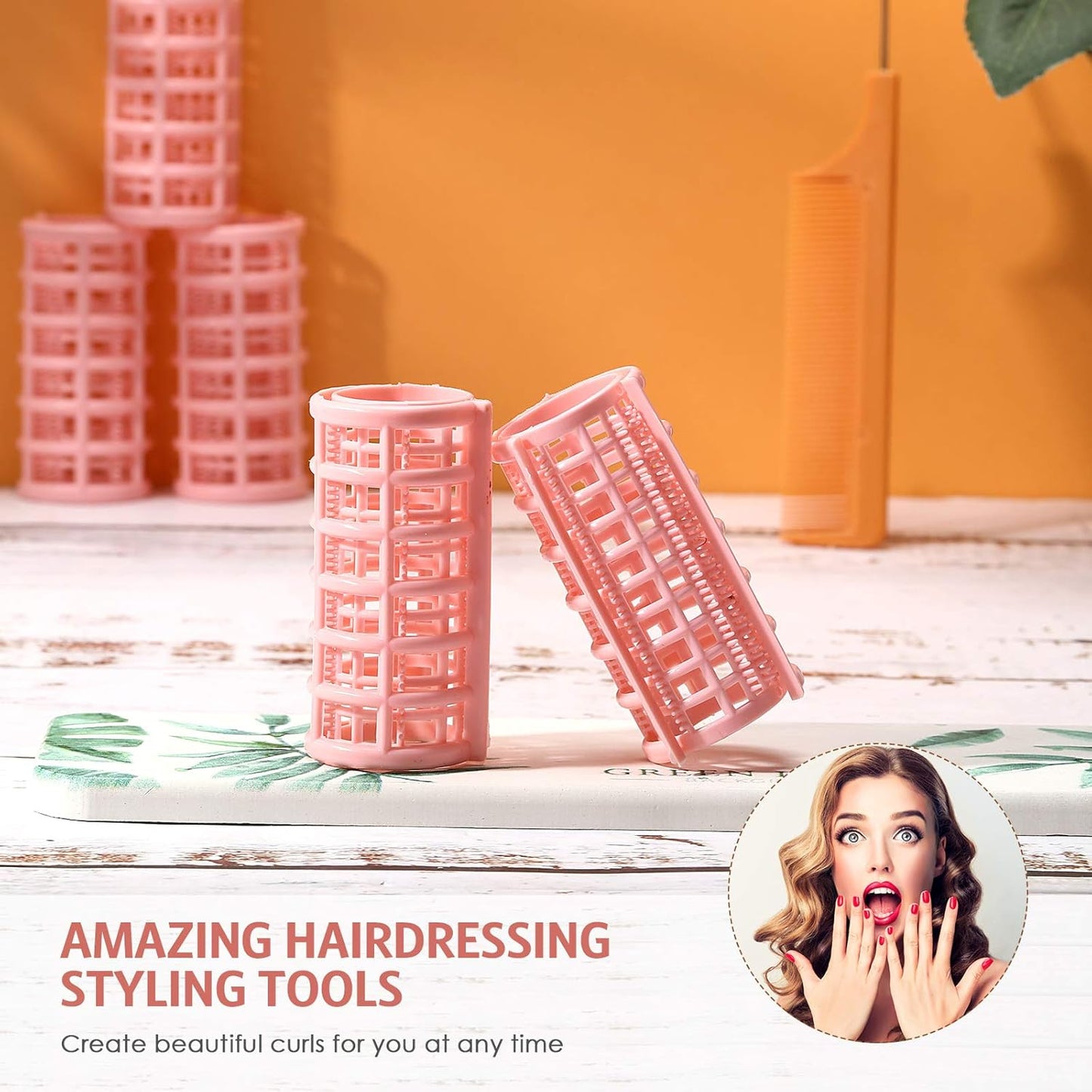 Syhood 12 Pcs Plastic Hair Rollers for Women Large Size Curlers Set Snap Roller Clips with Rat Tail Comb for Long Medium Short Hair Bangs, Salon Hairdressing Styling Tool(2.6 x 1.1 Inch,Peach Color)