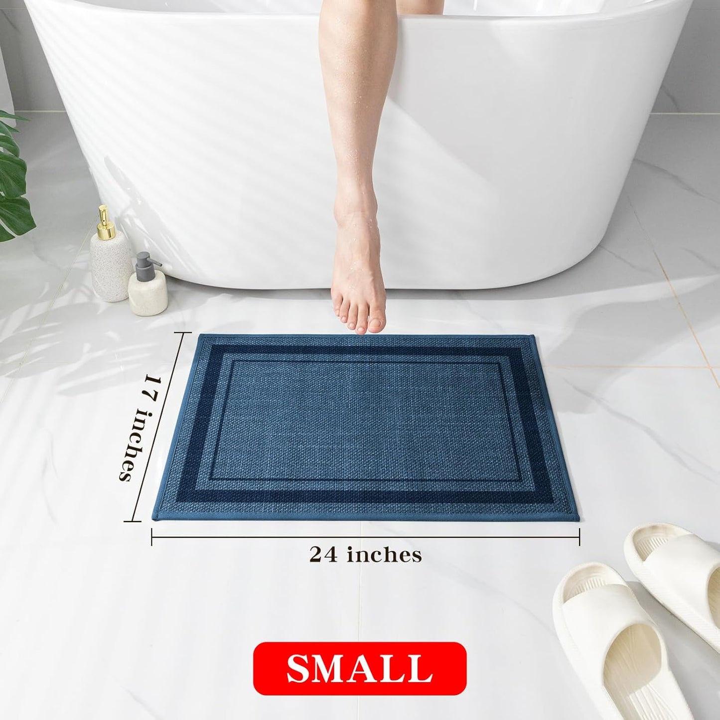 chakme Bathroom Rugs Mat 24x17, Ultra Thin Non Slip Bath Mat Small Quick Dry Absorbent Bath Mat for Bathroom, (Dark Blue, 24"x17")