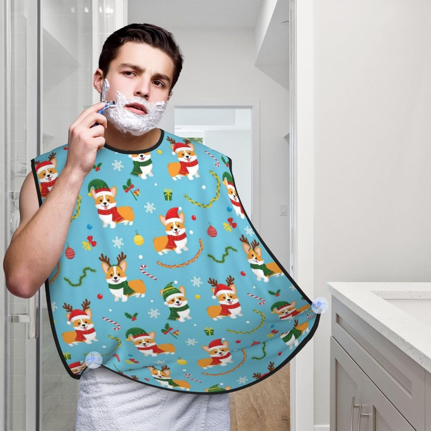 Beard Bib with 3 Suction Cups, Non-Stick Waterproof Hair Catcher Apron, Men's Shaving Essential for Grooming, Christmas Corgi Dog Blue Shave Bib