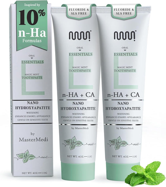 MasterMedi Nano Hydroxyapatite Toothpaste (Inspired by 10% nHA Formulas), Fluoride-Free, Whitening, Sensitive Teeth Care, Enamel Support, SLS Free, Xylitol, Magic Mint, 4 Oz (Pack of 2)