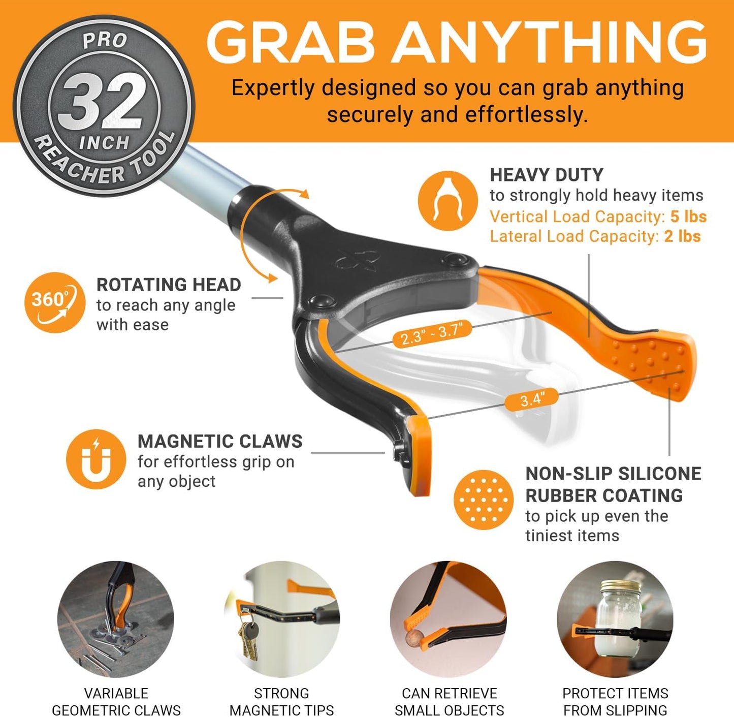 EZPIK® Grip Aid Tool Grabber Reacher + Magnets - Grabbers for Seniors, Trash Picker Upper Grabber - Trash Grabber Tool- Reacher Grabber Pickup Tool (Silver, 32″ (Pack of 2))