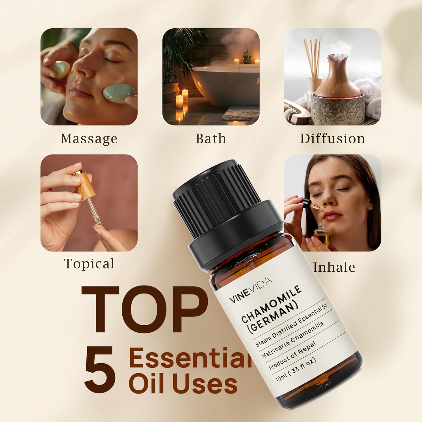 VINEVIDA Chamomile German Essential Oil 10 mL - Undiluted Chamomile Oil 10 mL - DIY Candle Scents for Candlemaking - 10 mL Essential Oil for Soap Making Safe for Skin (4OZV-OBP-CHA-GER-10ML)