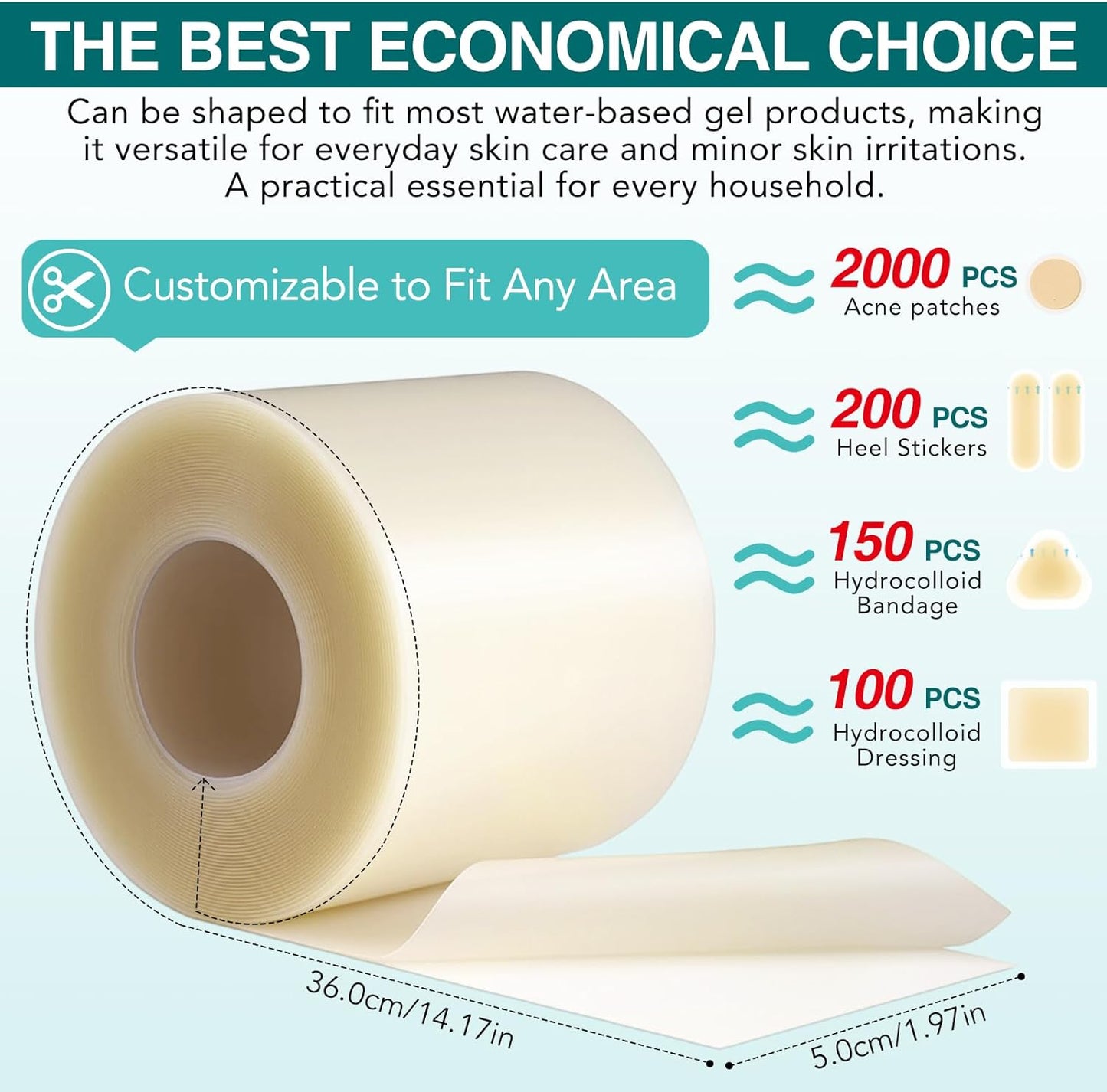 Hydrocolloid Roll for Wound Care, 2in*12ft Hydrocolloid Bandages Patch with Self-Adhesive, Cut-to-Size Ultra Absorbent, Flexible & Waterproof, First Aid Kit Essential