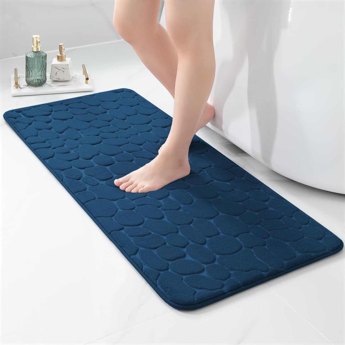 YIHOUSE Memory Foam Runner Rug, Cobblestone Bathroom Runner Rugs Super Water Absorbent Bath Mats for Bathroom Machine Washable Bath Rugs Runner for Hallway Bedroom Laundry Room(20 x 47,Dark Blue)