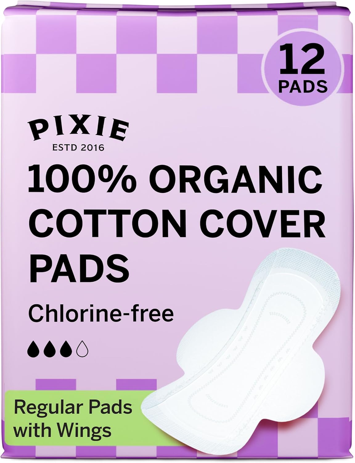 Pixie Organic Cotton Pads for Women - Ultra Thin with Wings, Leak-Proof & Moisture-Wicking - Compostable, Unscented Menstrual Pads - Regular Absorbency - 12 Count