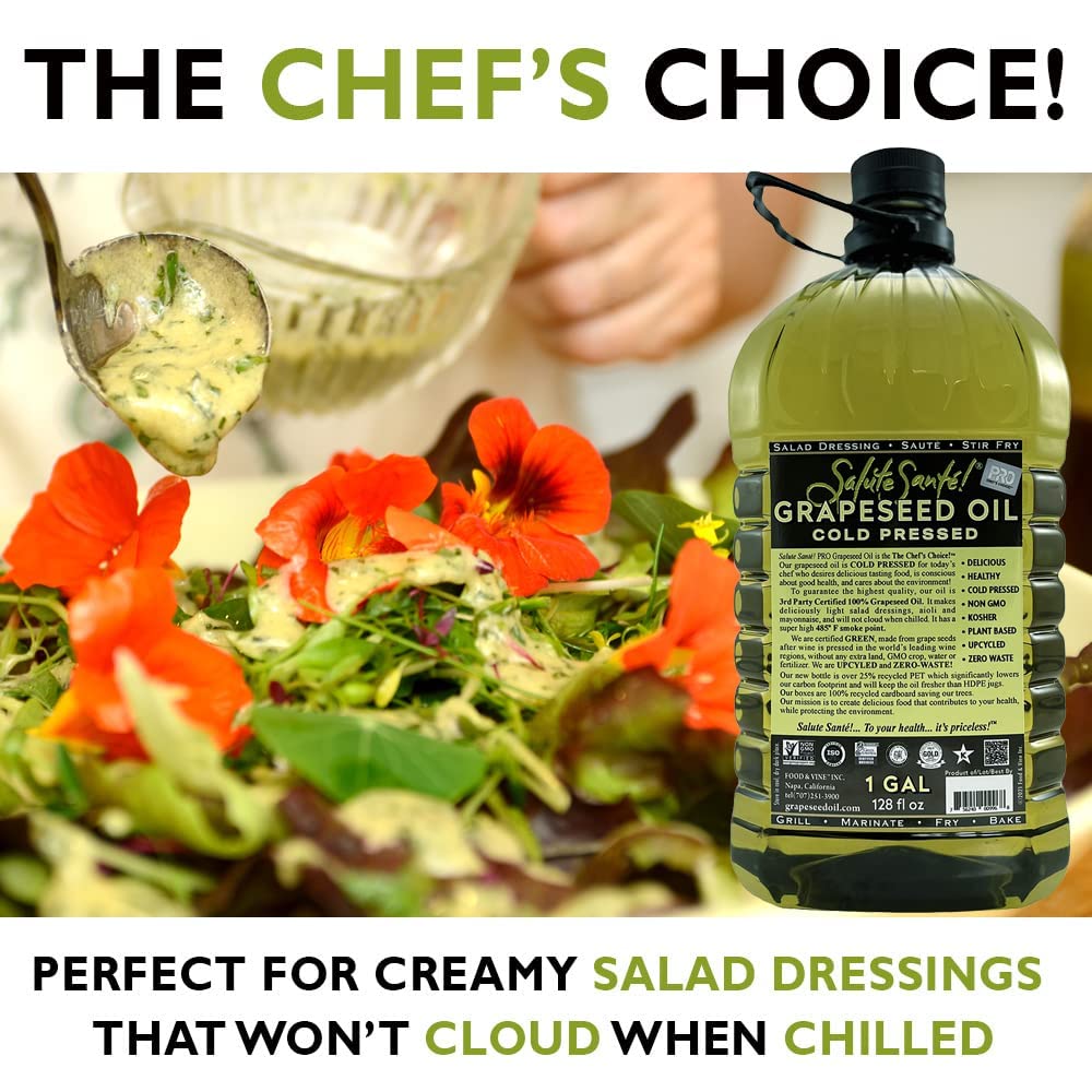 Cold Pressed Grapeseed Oil by Salute Sante! High Temperature Cooking, Healthy Grape Seed Oil, Non-GMO and Kosher for Salad Dressings, Marinades and Dips, Vegan, 1 Gallon, 2 Pack