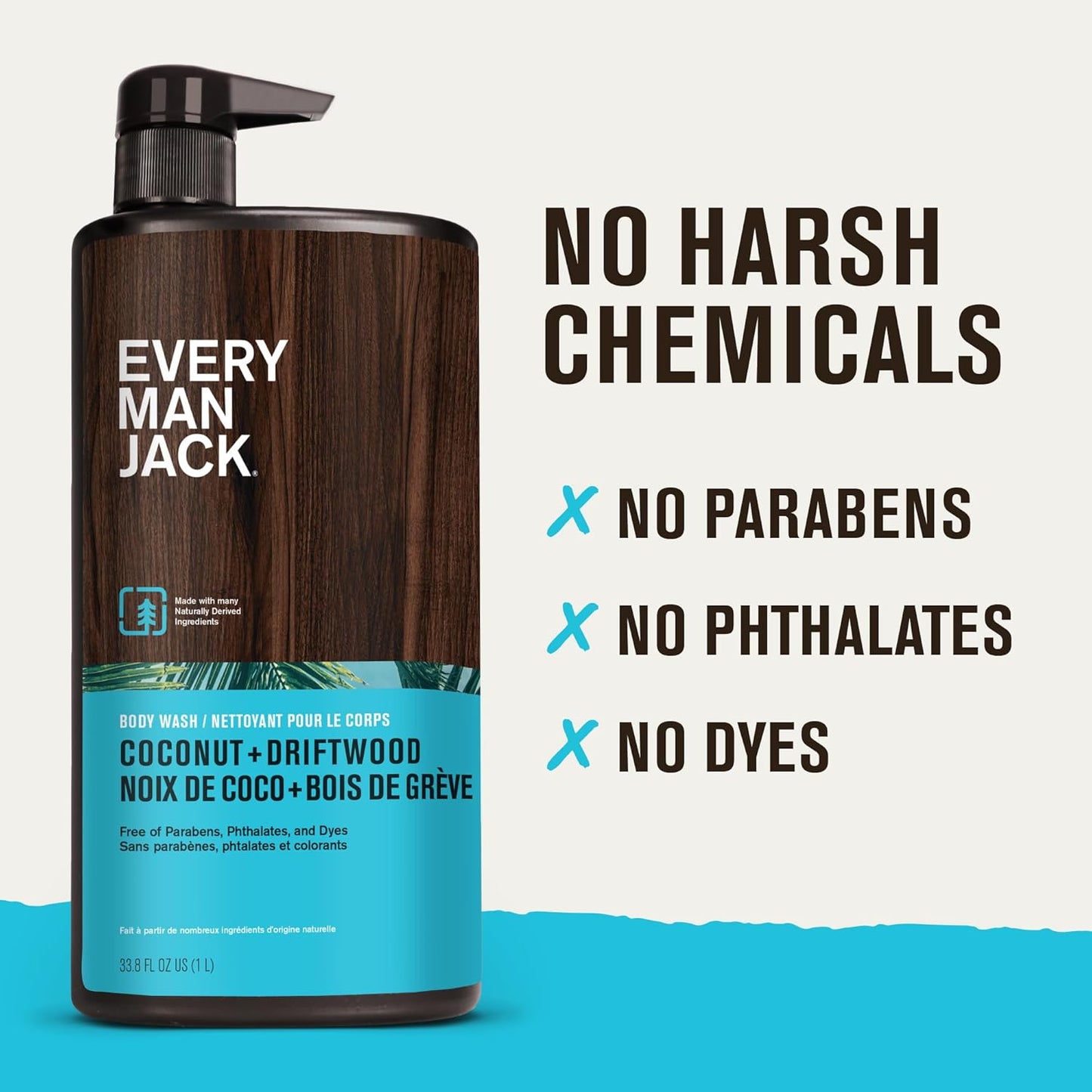 Every Man Jack Coconut + Driftwood Mens Body Wash for All Skin Types - Cleanse, Hydrate, and Smell Great - Free of Parabens, Phtalates, and Dyes - 33.8 fl oz (2 Pack)