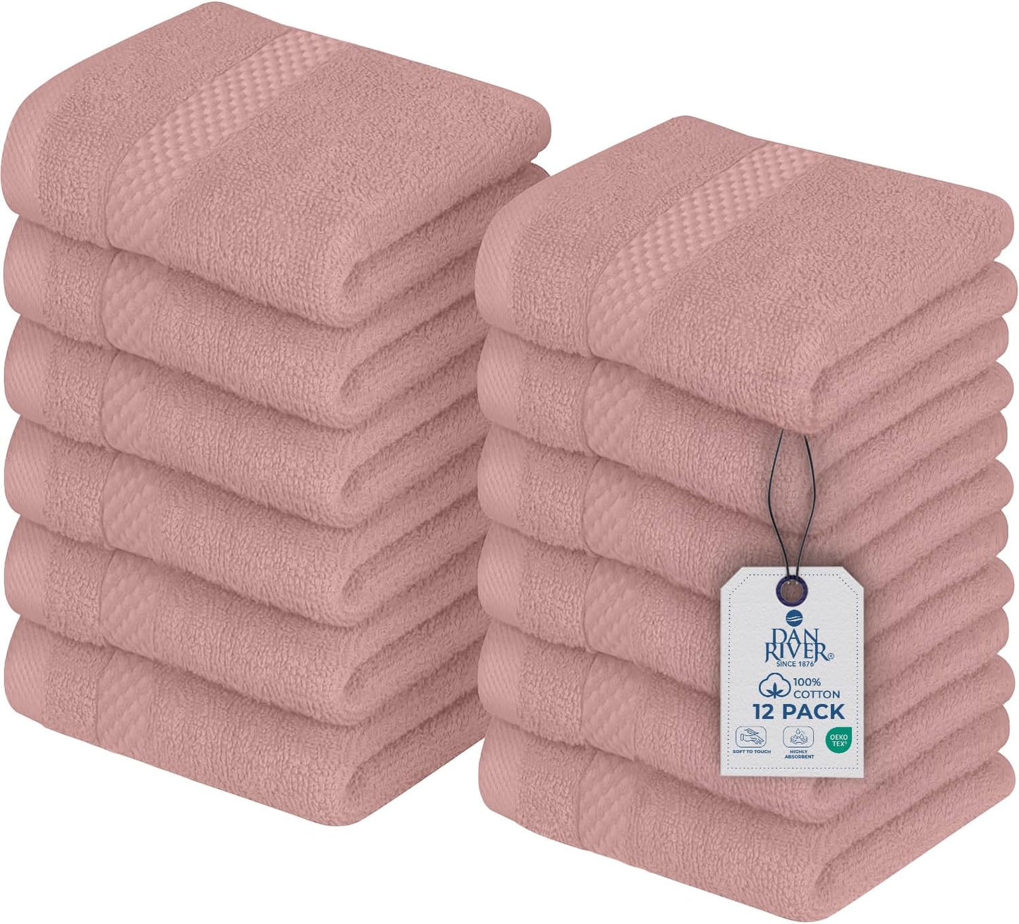 DAN RIVER 12-Pack Premium 100% Cotton Dusty Rose Face Towels – Reusable Face Towel Set, Soft & Absorbent wash Cloths for Your face, Bathroom & Body – Hand and Face Towels, 550 GSM (12x12 in)