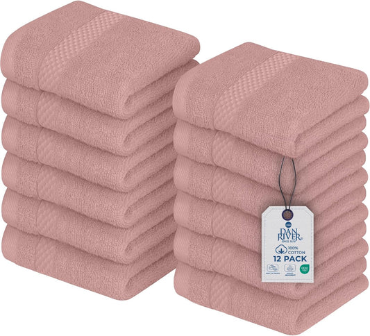 DAN RIVER 12-Pack Premium 100% Cotton Dusty Rose Face Towels – Reusable Face Towel Set, Soft & Absorbent wash Cloths for Your face, Bathroom & Body – Hand and Face Towels, 550 GSM (12x12 in)